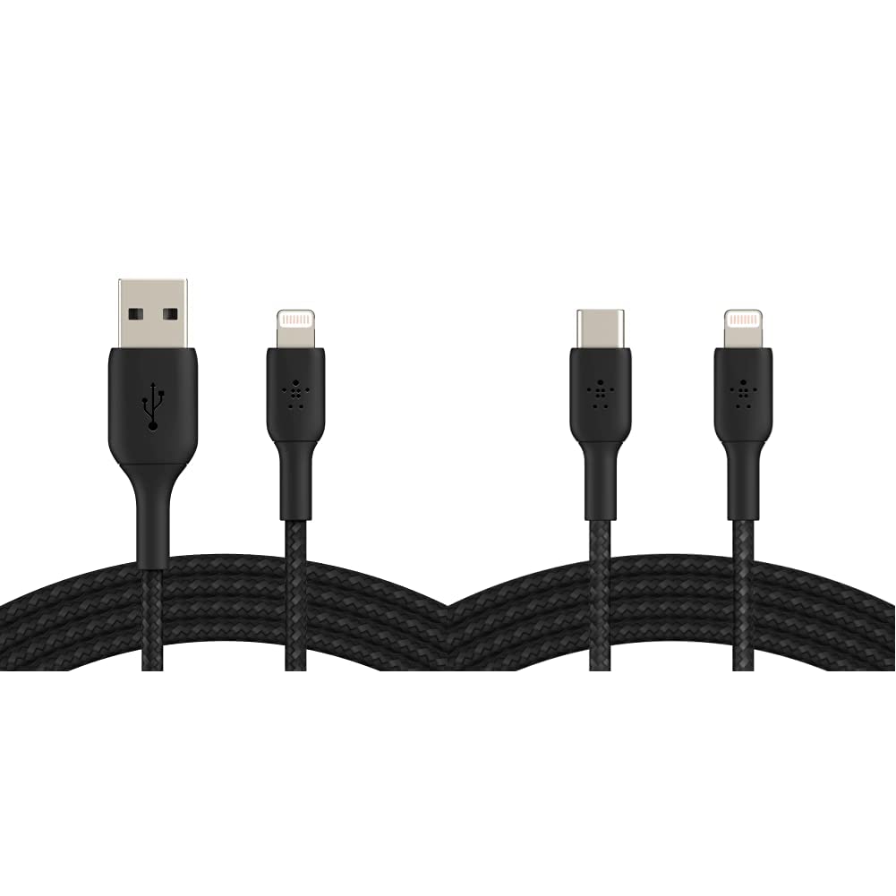 Belkin MFi Certified Braided Lightning Cable 6.5ft/2m & USB C to Lightning Cable 6.6ft/2M - Fast Charging for iPhone 12/11/X/8 & iPad - Durable Nylon Braid for Home, Office, Car Charging (Black)