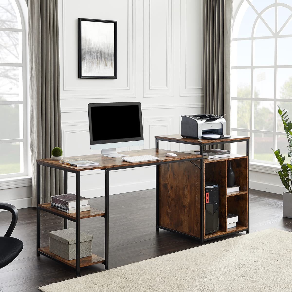 Ergonomic Home Office Computer Desk with Storage Shelf, CPU Storage Space & Printer Stand - Space Saving Writing PC Table for Small Spaces (Brown) - Perfect for Remote Work, Gaming & Study