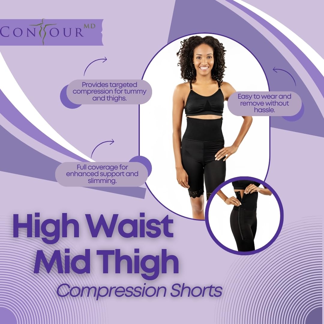 ContourMD High Waist Compression Shorts for Women - Post Surgery Shapewear with Thigh & Tummy Control - Black Size S - Perfect for Recovery, Workouts & Everyday Comfort