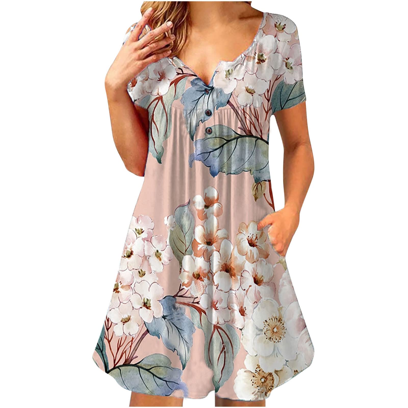 SHINELOVE Women's Summer Casual Dress - V-Neck Short Sleeve Button Down Mini Dress with Pockets, Plus Size Beach Vacation Outfit for Women | Perfect for Beach Getaways, Summer Parties & Casual Wear
