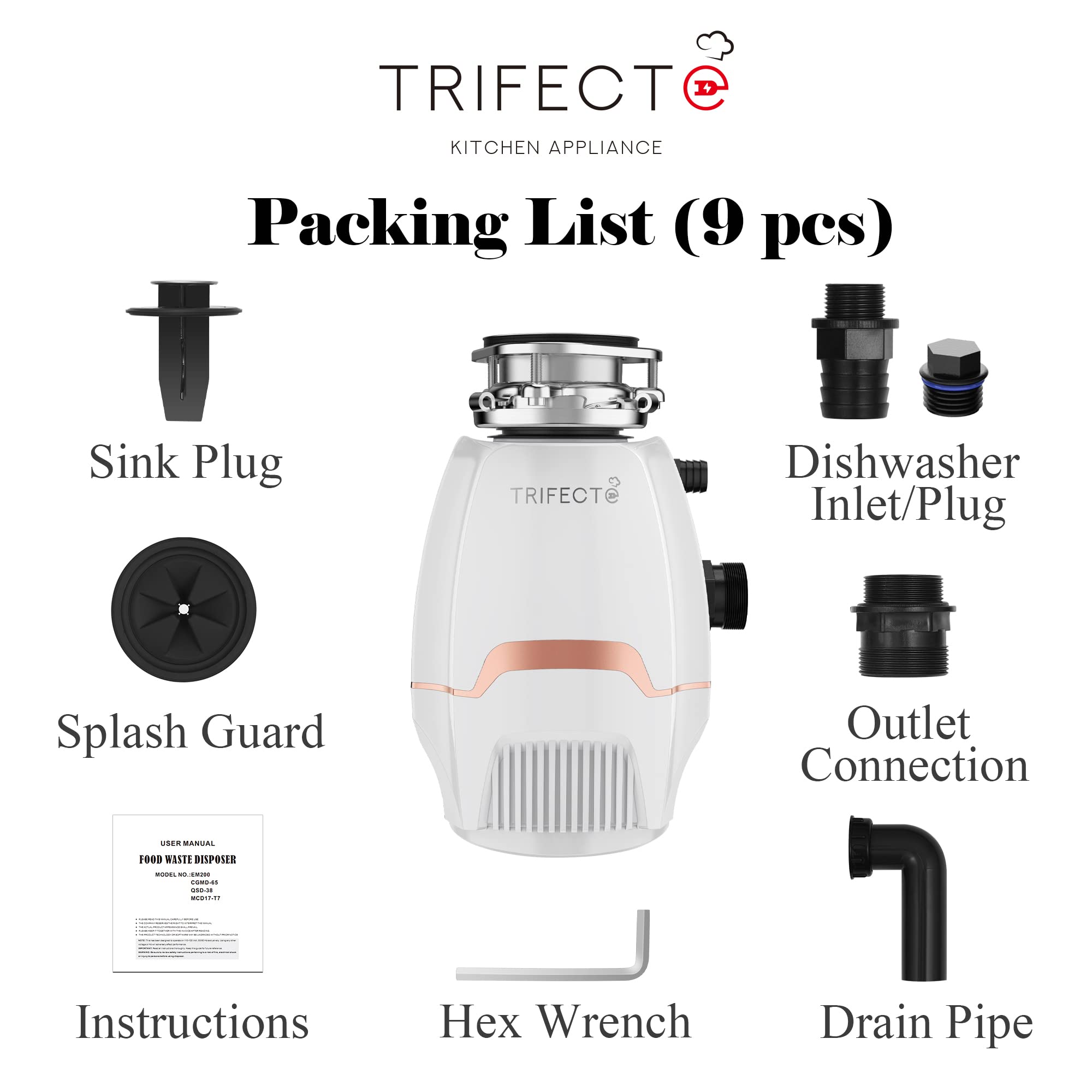 Trifecta 3/4 HP Quiet Garbage Disposal with Sound Reduction Technology - Continuous Feed Food Waste Disposer, 3800 RPM, Includes Power Cord & Dishwasher Hookup (White) - Perfect for Kitchen Sink Waste Management & Dishwasher Drainage