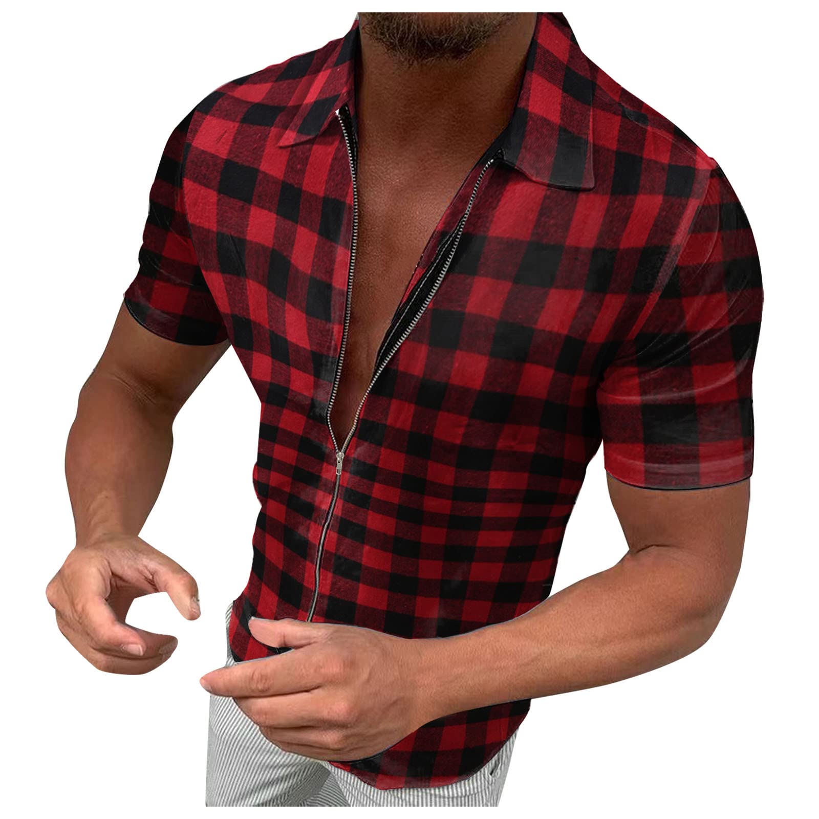 Men's Hawaiian Beach Shirt - Spring Summer Casual Plaid Zipper Lapel Short Sleeve Shirt Jacket - Perfect for Beach Vacations, Luau Parties & Tropical Getaways