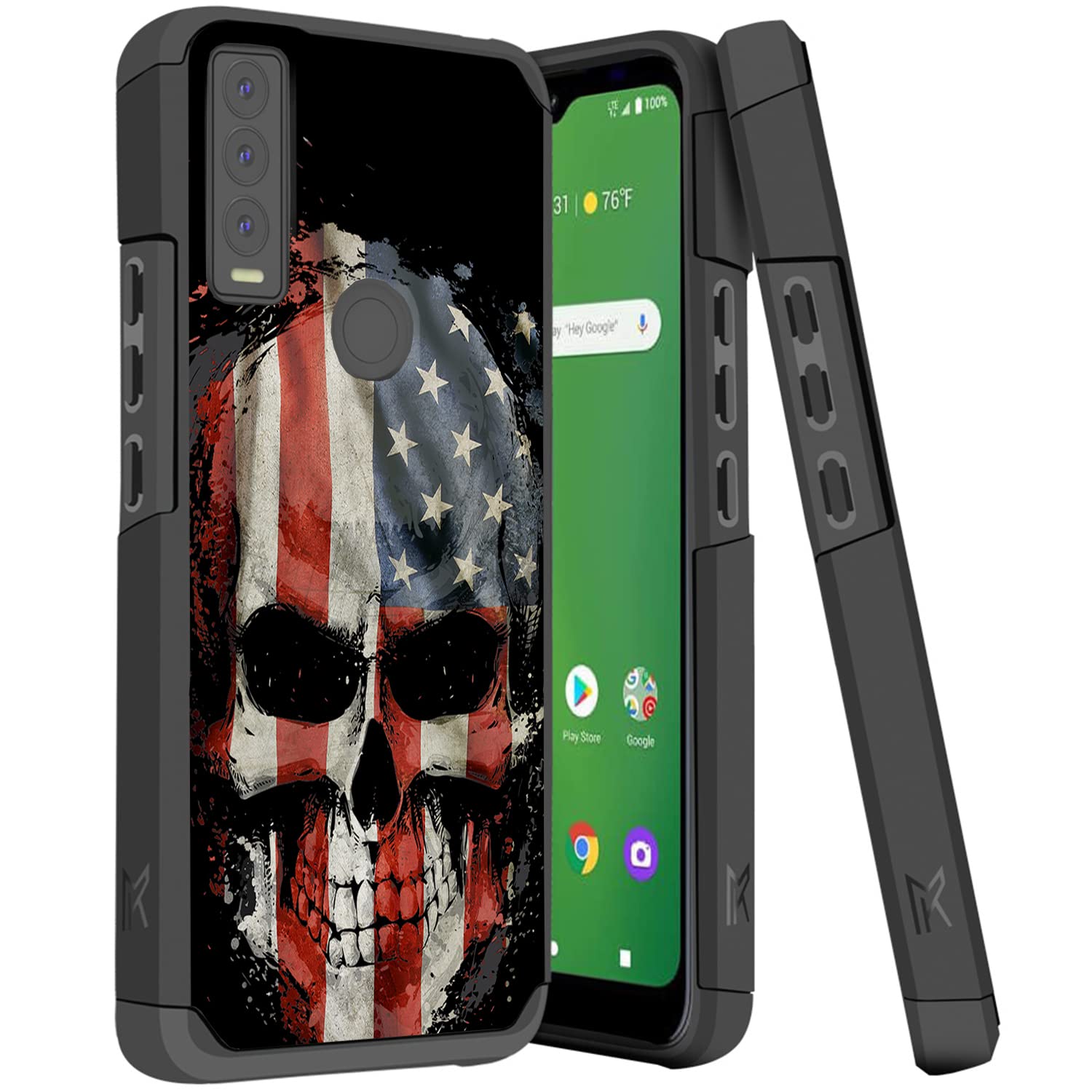 Shockproof Dual Layer Tactical Case for Cricket Ovation 3 & AT&T Motivate Max (2022) - Military Grade Protection with Anti-Slip Grip (USA Skull Design) - Perfect for Outdoor Activities, Sports & Daily Use