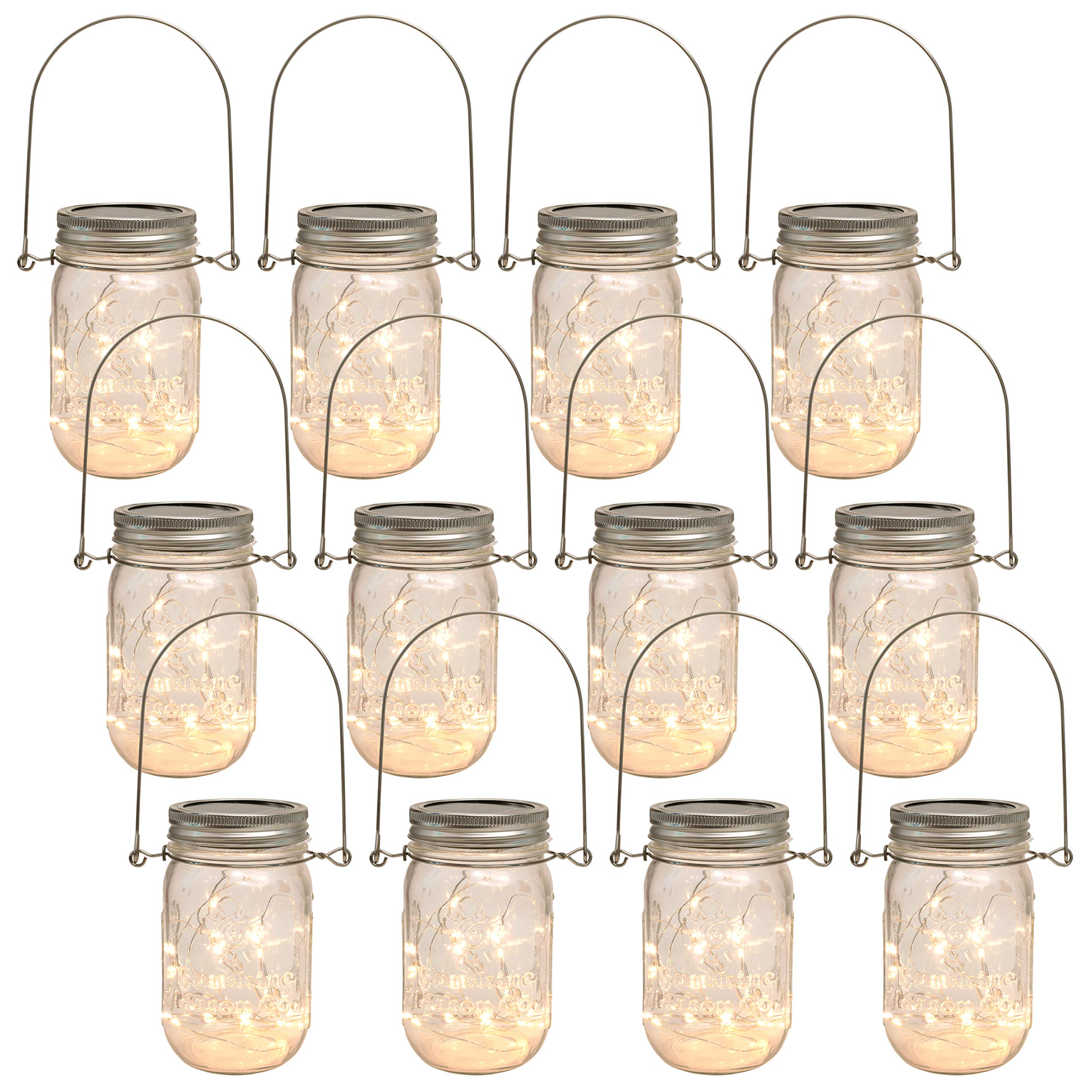 12 Pack Mason Jars with Solar Powered Fairy Lights & Hanging Handles - Outdoor Wedding Decor, Garden Party Lighting, Patio Ambiance, DIY Home Crafts
