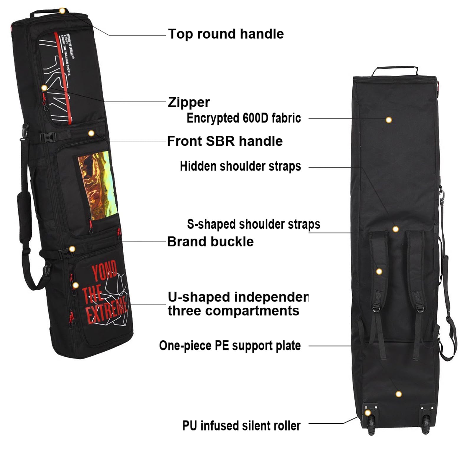 Adjustable Length Roller Snowboard Bag with Wheels - Foldable Double Rolling Ski Bag for Easy Travel | Perfect for Airports, Ski Trips & Snowboarding Adventures