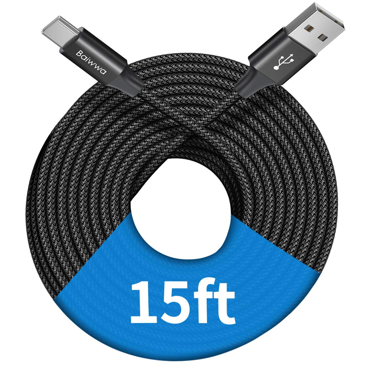 15ft Extra Long USB C Cable - 4.6m Nylon Braided Fast Charging Cord, USB A to Type C Charger for Samsung Galaxy Note/Tab, Moto, LG, Pixel & More - Perfect for Home, Office & Car Charging