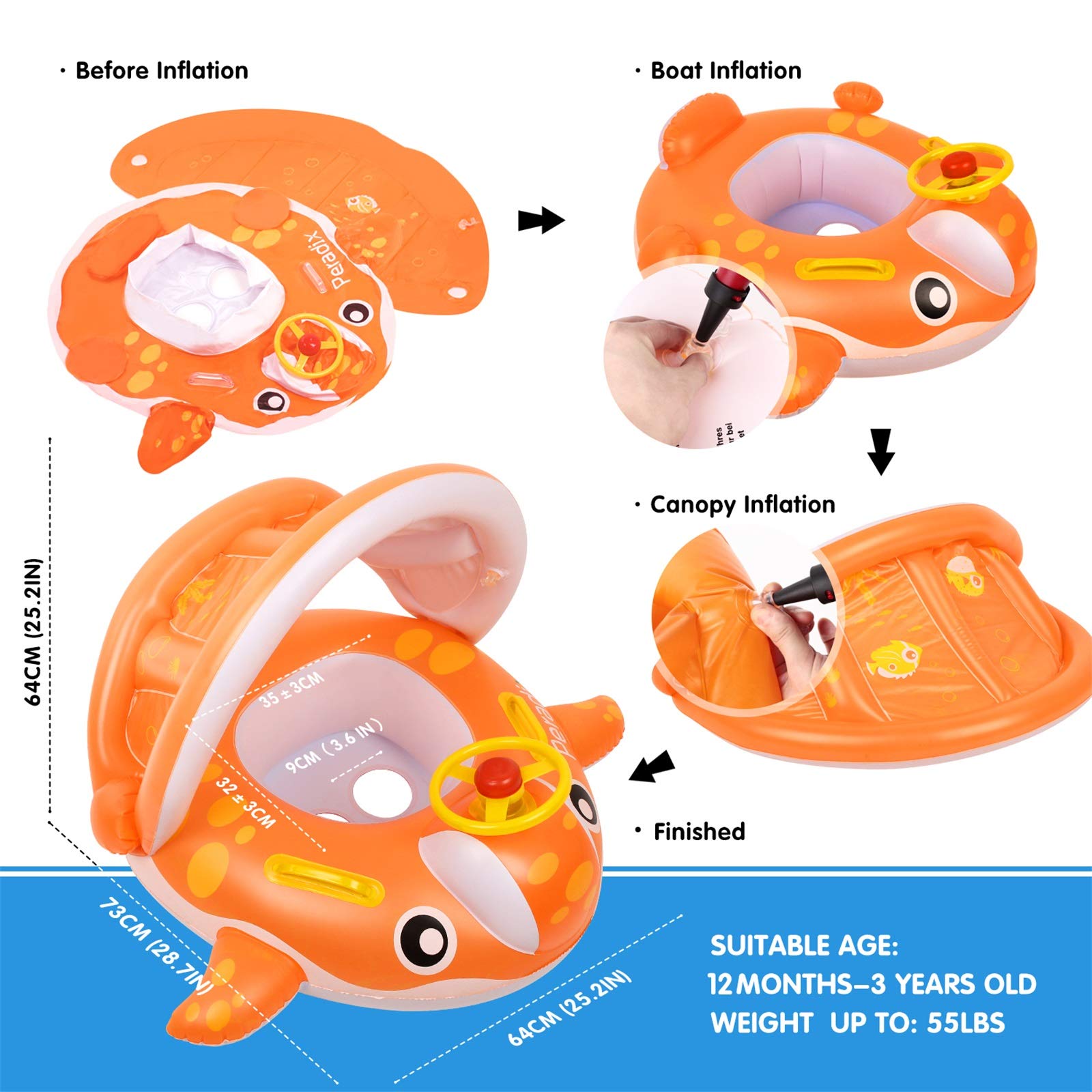 Peradix Inflatable Baby Pool Float with Canopy - Removable Sun Shade, Whale Toddler Swim Ring, Infant Water Toys for Safe Swimming & Outdoor Fun