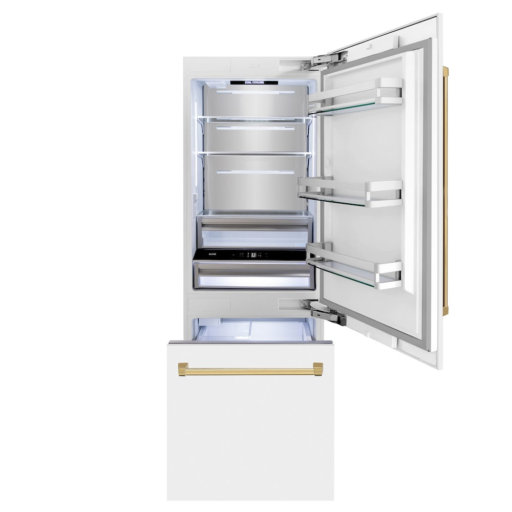 ZLINE Autograph Edition 30-inch Built-In Bottom Freezer Refrigerator - 16.1 cu.ft Capacity, Water Dispenser & Ice Maker - White Matte Finish with Polished Gold Accents (RBIVZ WM 30 G) | Perfect for Modern Kitchens & Open-Concept Homes