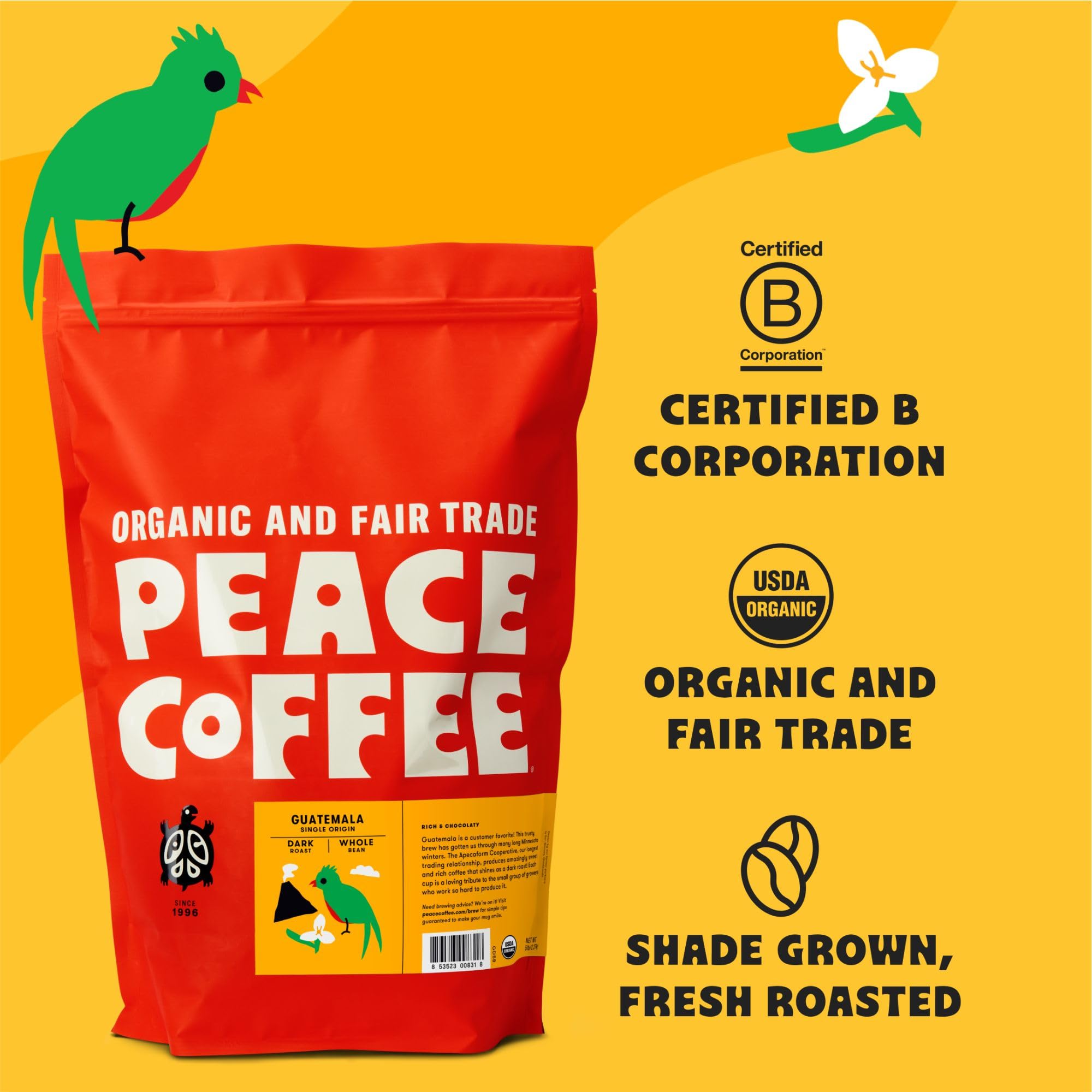 Organic Fair Trade Peace Coffee Guatemala Single Origin - 5 lb Ground Dark Roast with Rich Chocolatey Flavor | Shade Grown & Fresh Roasted | Perfect for Home Brewing, Office Use & Gift Giving