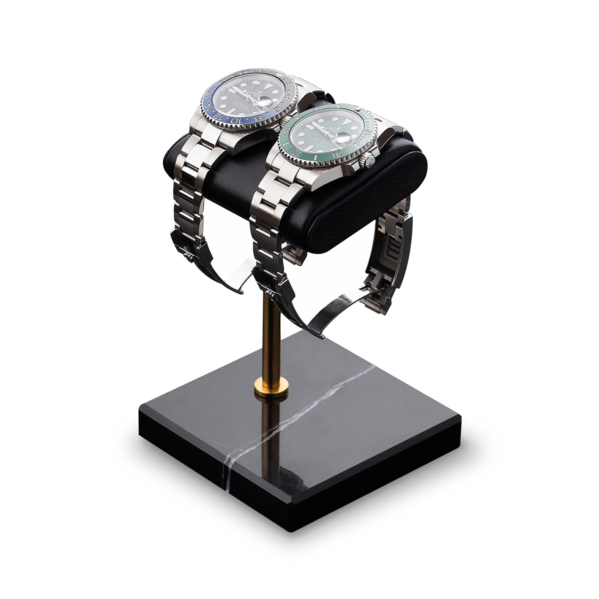 Luxury Watch Stand - Handcrafted Italian Napa Leather & Natural Marble Base | Premium Watch Display Stand for Rolex, Omega & All Watches | Jewelry Organizer & Holder | Perfect for Home, Office & Gift (Black/Gold/Black) - Elegant Watch Accessory for Display & Storage
