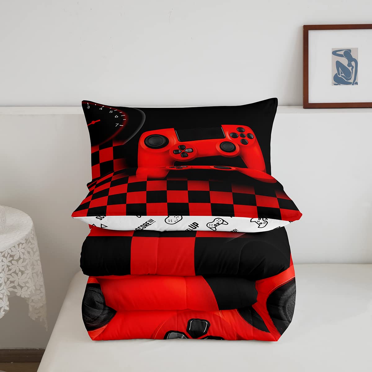 Gaming Comforter Set for Boys & Teens - Game Controller Design, All-Season Down Alternative Bedding, Buffalo Check Plaid Duvet Cover - Queen Size | Perfect for Gamer Bedroom Decor & Teen Boy's Room