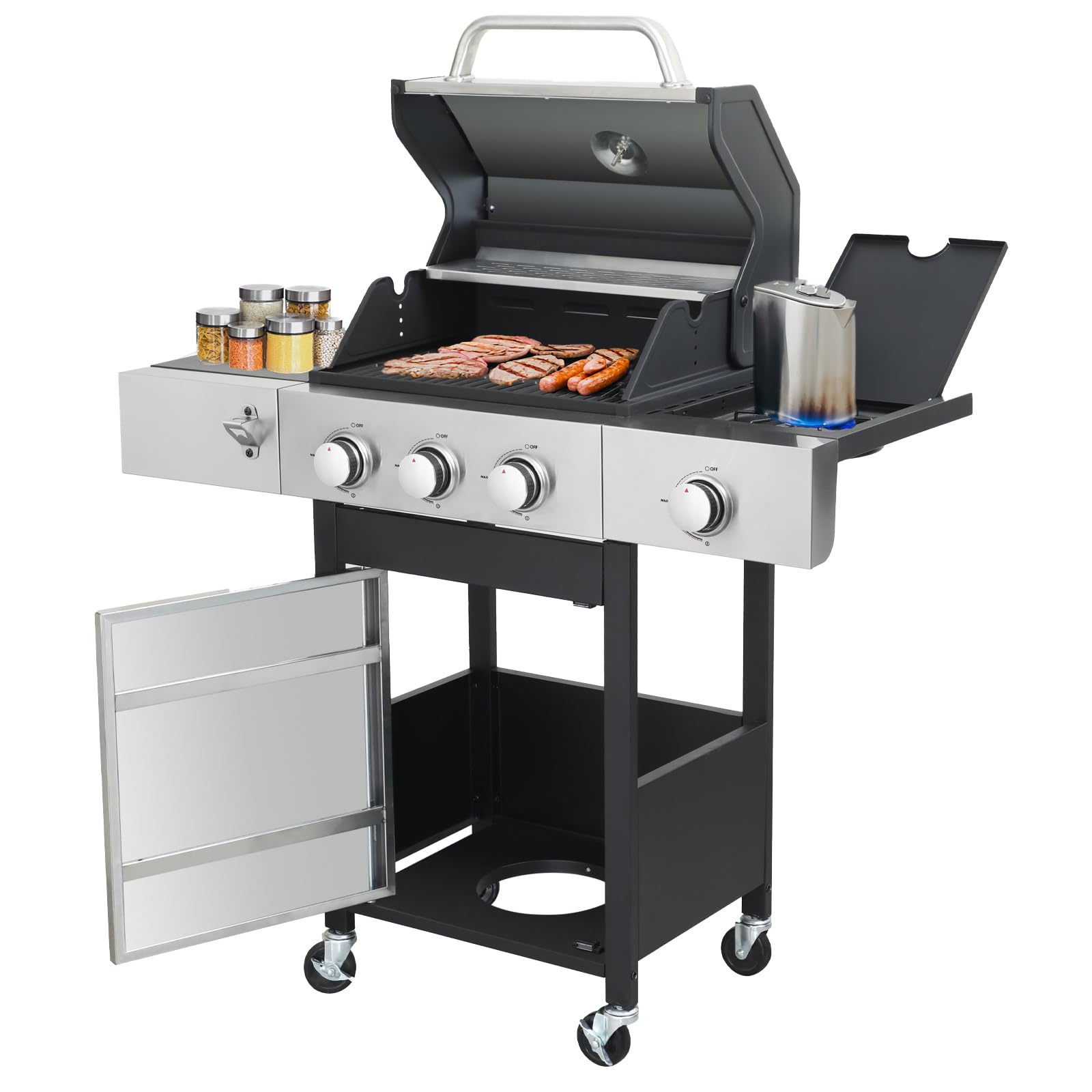 3-Burner Stainless Steel Propane Gas Grill with Side Burner & Thermometer - 37,230 BTU Outdoor BBQ Grill for Backyard, Patio, Camping & Picnics | Perfect for Grilling Burgers, Steaks & Vegetables