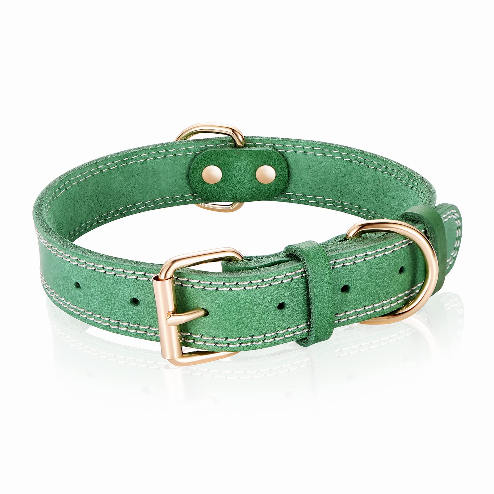 Premium Genuine Leather Dog Collar - Heavy Duty Wide Design for Medium & Large Dogs - Double Stitched for Durability - Forest Green - Perfect for Training, Walks & Outdoor Adventures