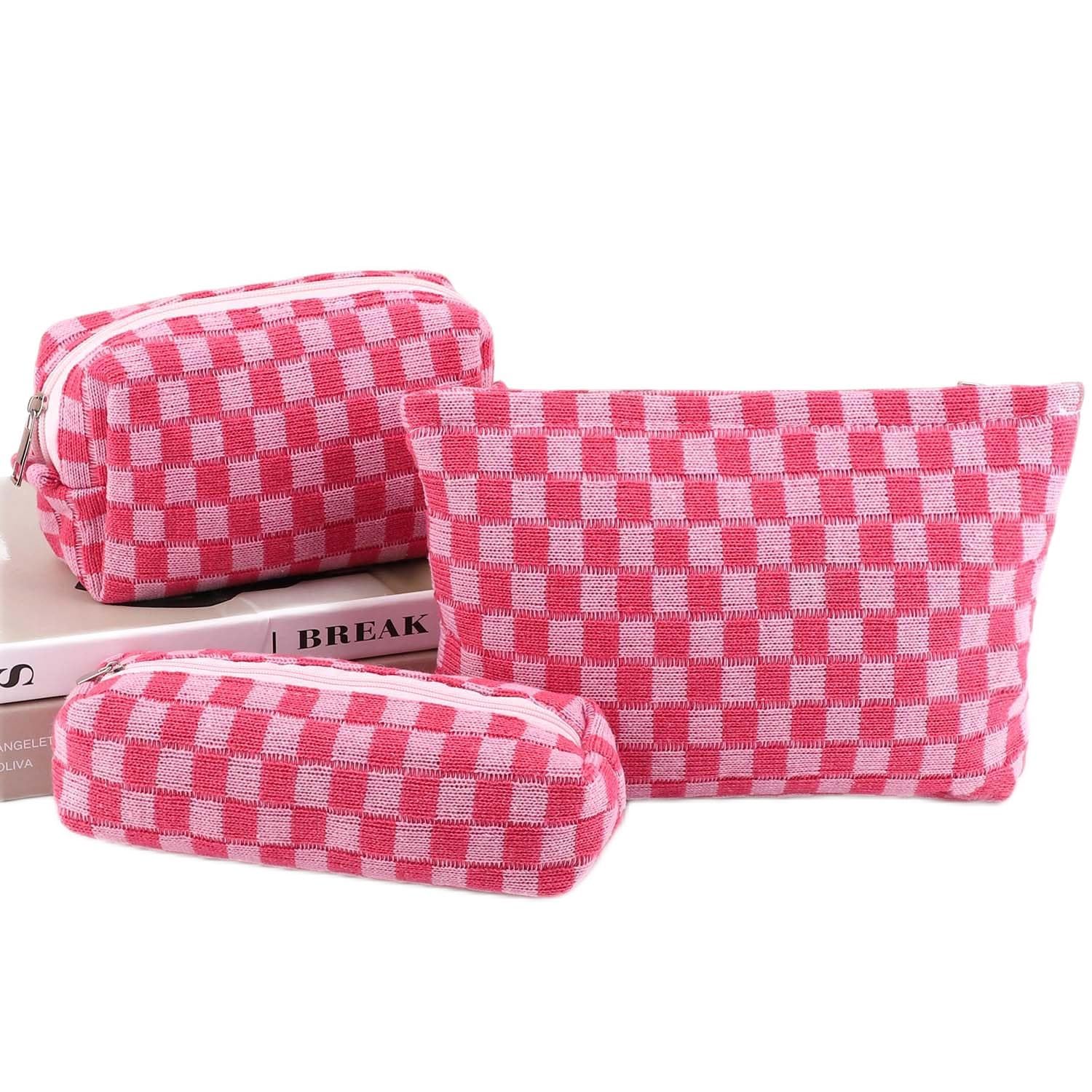 EIMMBD 3-Piece Large Capacity Checkered Makeup Bag Set - Waterproof Canvas Cosmetic Organizer for Travel, Toiletries & Beauty Essentials - Cute Rose Pattern Storage Pouch for Women | Perfect for Vacation, Gym, Daily Use & Gift Giving