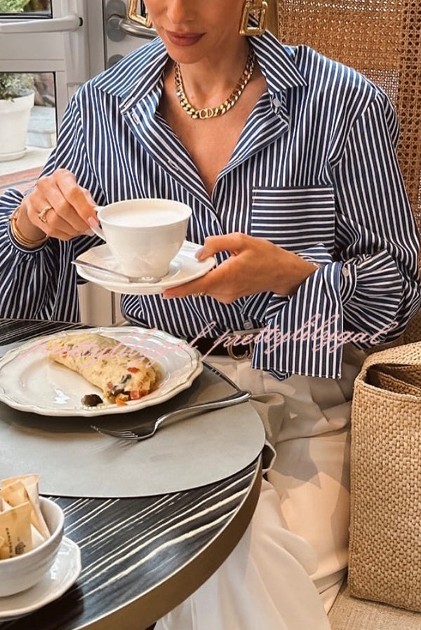 Women's Striped Print Ruffled Long Sleeve Blouse with Pockets - Casual Loose Fit Shirt for Work, Date Night & Everyday Wear