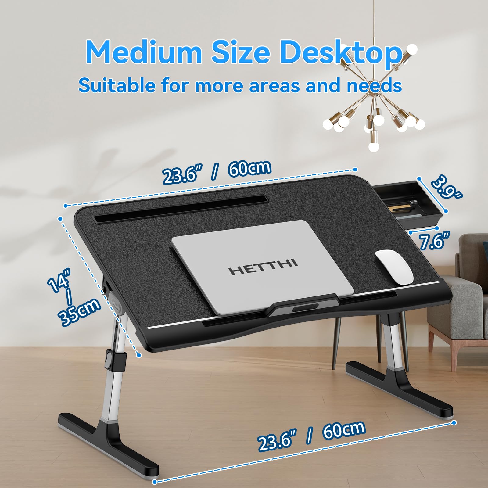 Adjustable Laptop Bed Desk Tray - Foldable & Sturdy Portable Lap Stand for Working, Reading, Eating & Painting - Premium Materials (Black, 23.6
