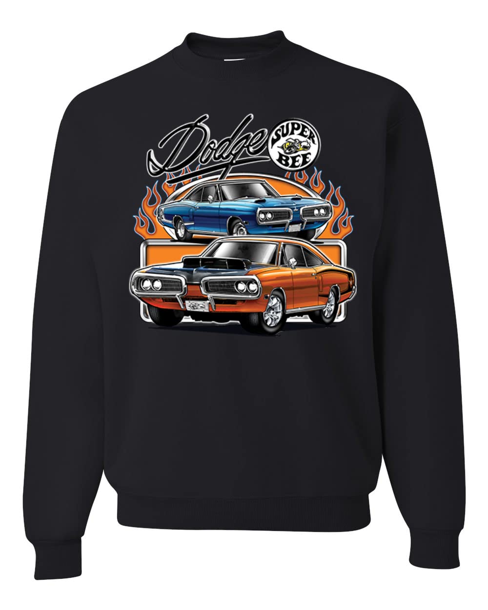 Wild Bobby Flaming Dodge Super Bee Muscle Car Graphic Sweatshirt - Unisex Crewneck Pullover for Car Enthusiasts & Vintage Auto Lovers - Perfect for Casual Wear, Car Shows, and Gifts
