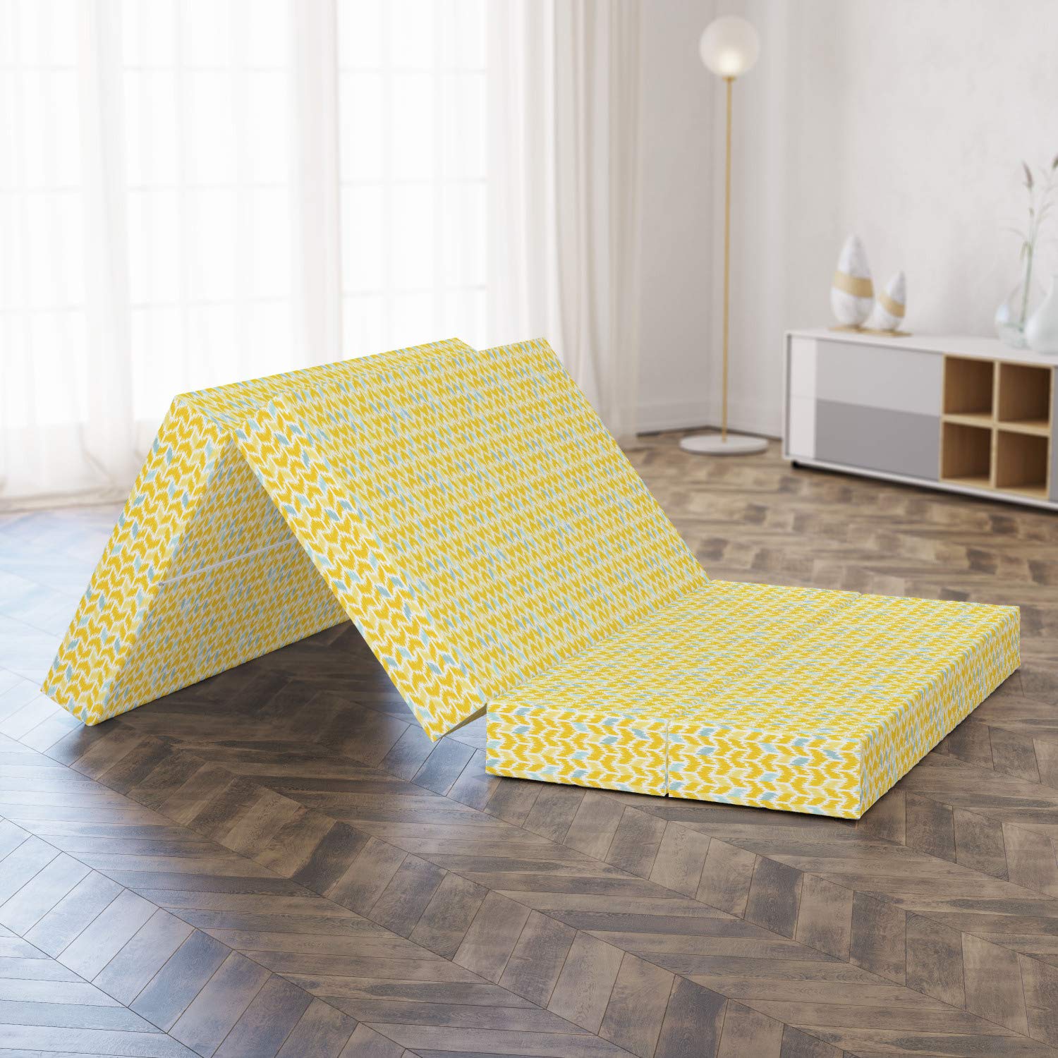 Ambesonne Yellow Chevron Foldable Mattress - Ikat Style Tile Design, 78.7