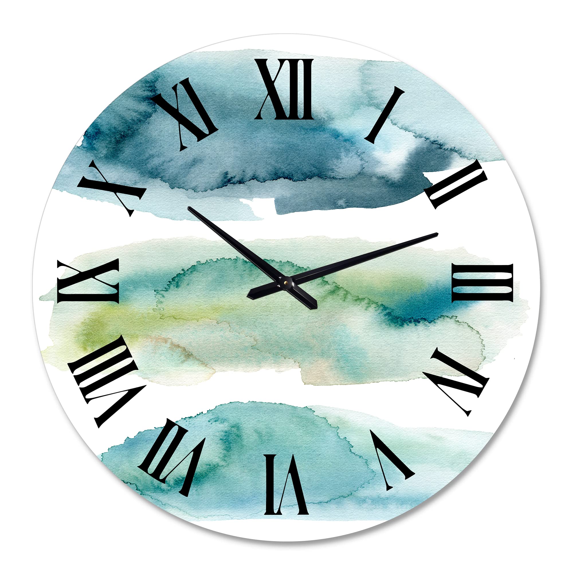 DesignQ Modern Abstract Blue and Green Clouds Wall Clock - Large Fractal Art Decor for Living Room, Bedroom, Office | Silent Non-Ticking Battery Operated