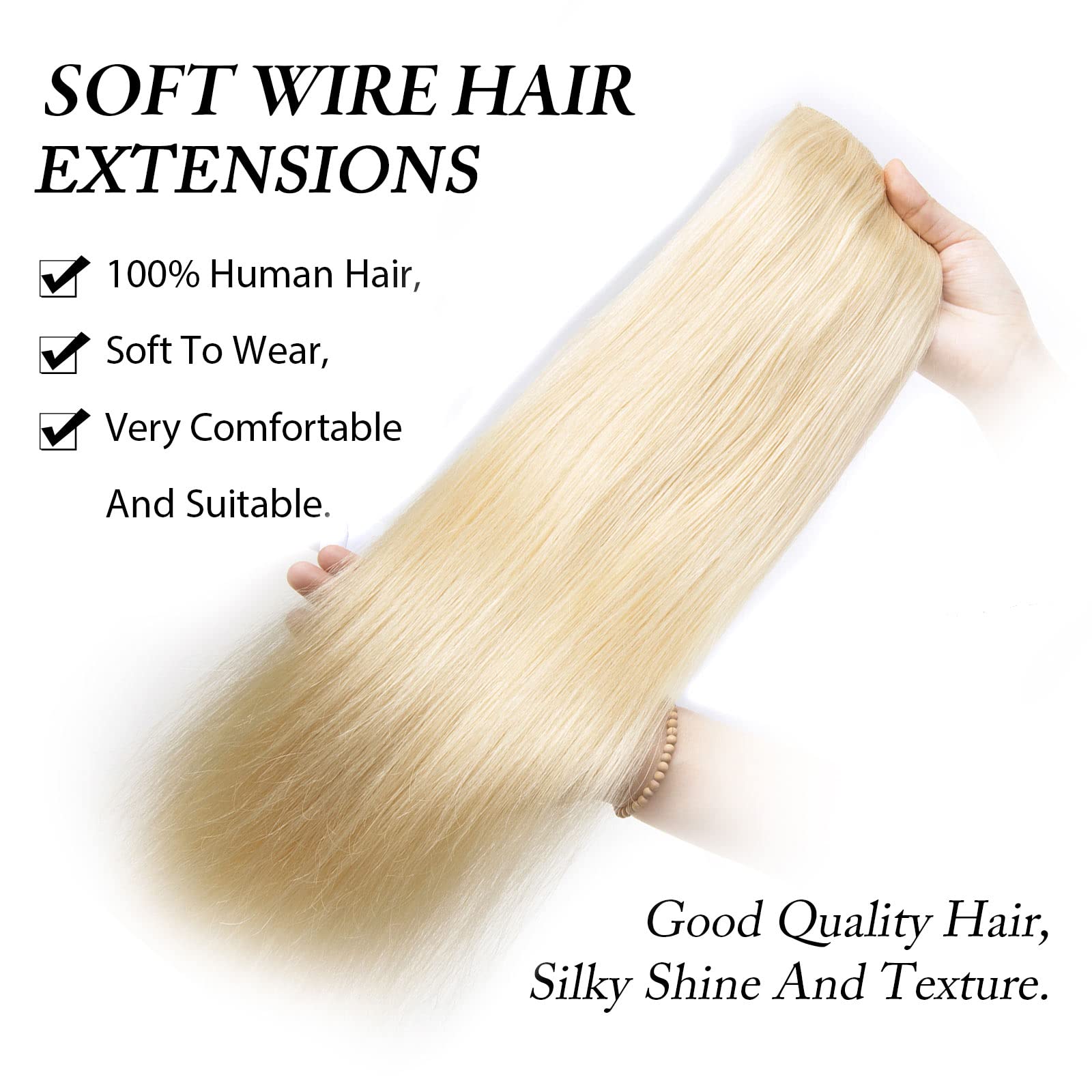 Tinashe 16Inch Bleach Blonde Straight Human Hair Extensions - 90g Invisible Wire Fish Line Clip-Ins | 100% Remy Human Hair for Women | Perfect for Parties, Weddings & Daily Styling