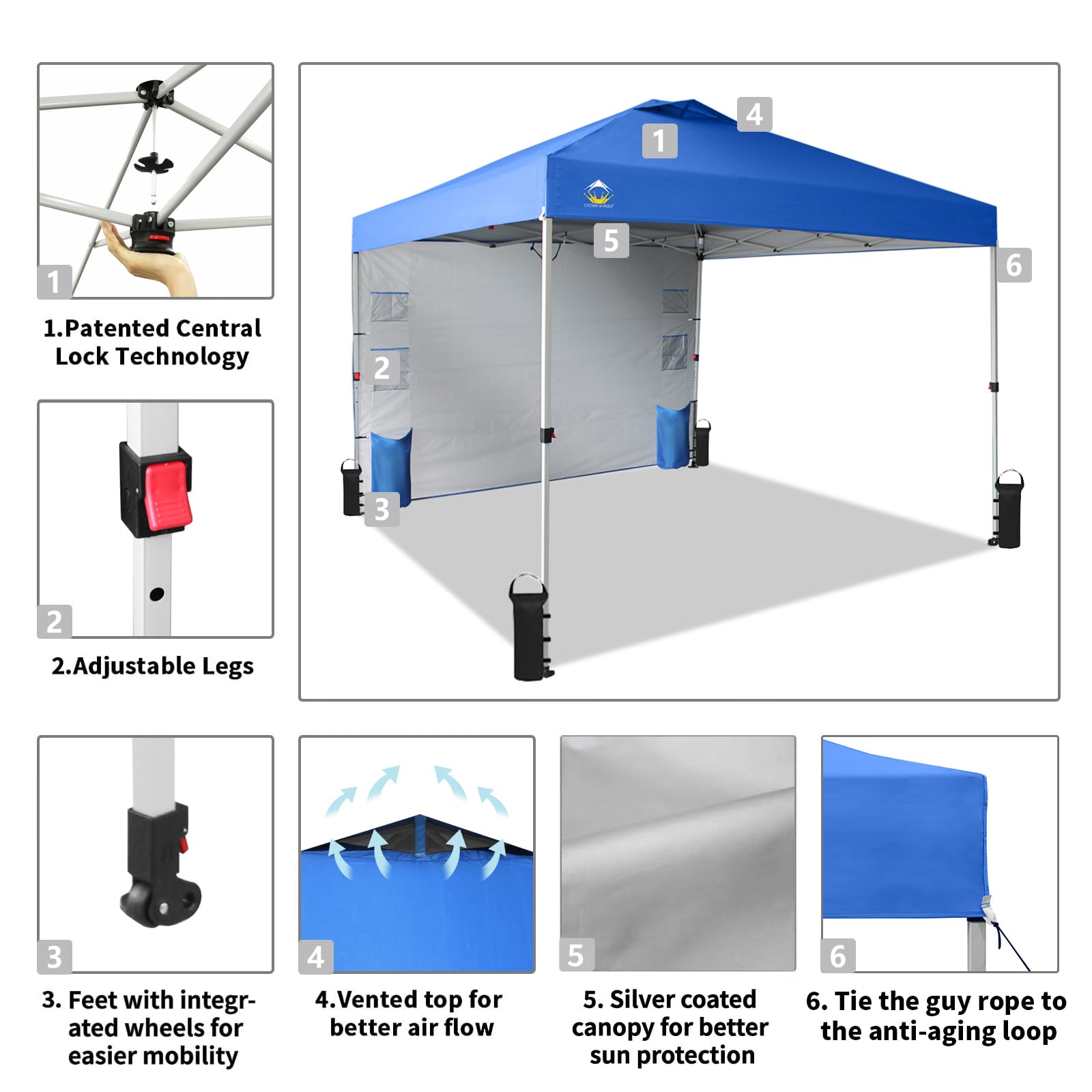 10x10 Pop Up Canopy Tent with Sidewalls & Pockets - Easy One-Person Setup Portable Sun Shelter for Camping, Beach, Backyard, Picnics & Outdoor Events - Blue Instant Shade Canopy by CROWN SHADES