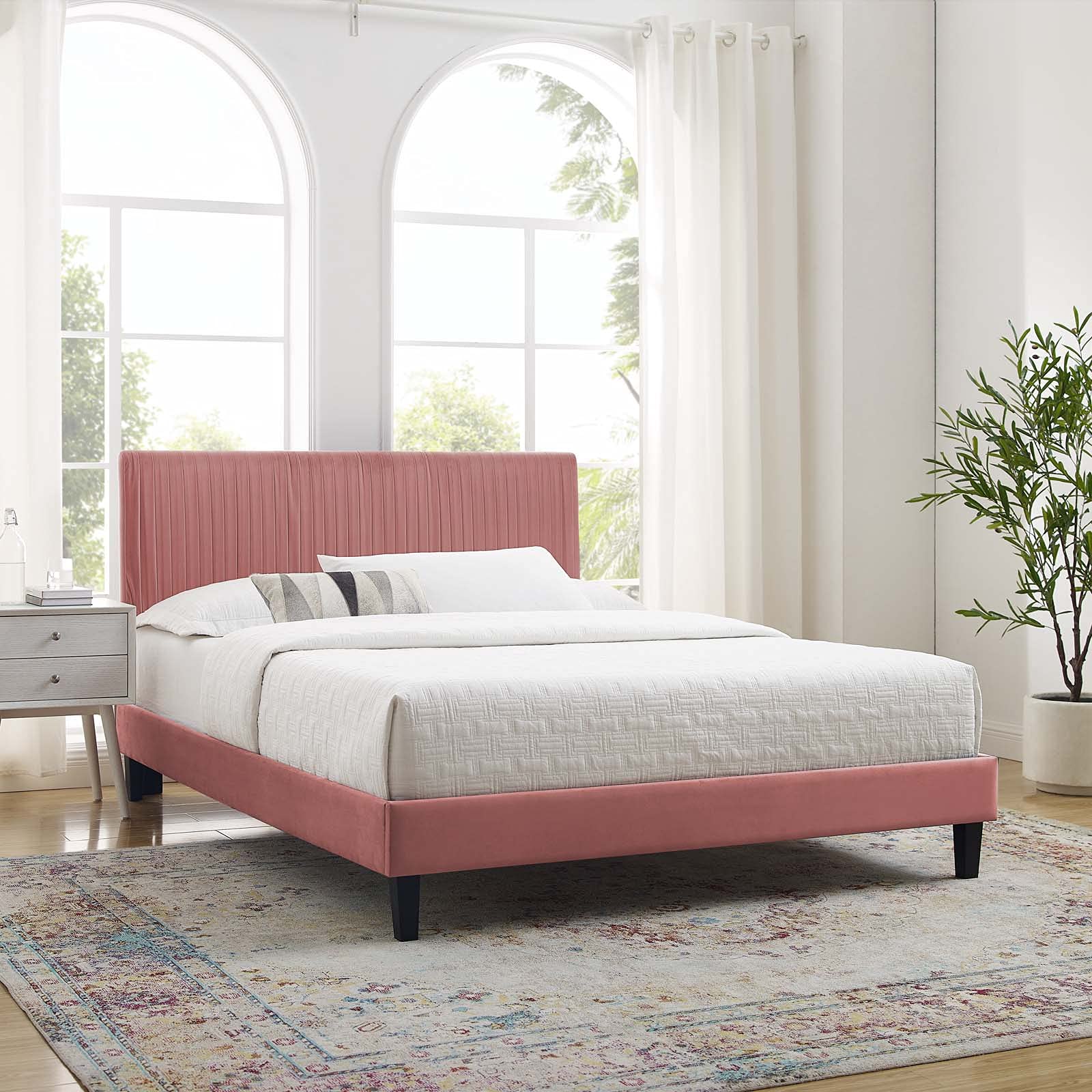 Modway Peyton Performance Velvet Queen Platform Bed Frame - Dusty Rose Upholstered Bed with Wooden Slats | Perfect for Modern Bedrooms & Master Suites