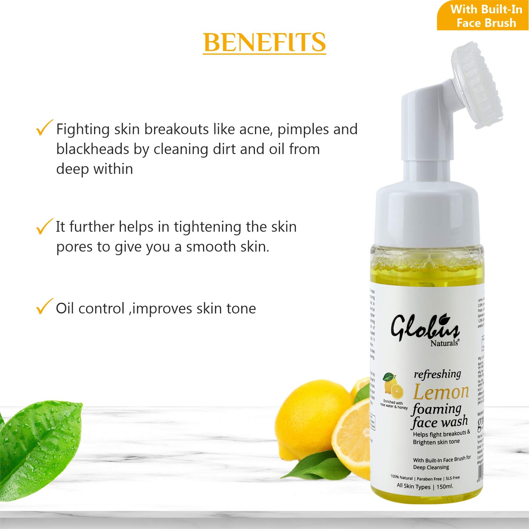 Globus Naturals Refreshing Lemon Foaming Face Wash with Silicone Massage Brush - Acne Fighting, Skin Brightening, Paraben & Sulfate Free (150ml) | Gentle Cleanser for Oily & Combination Skin | Morning & Night Skincare Routine