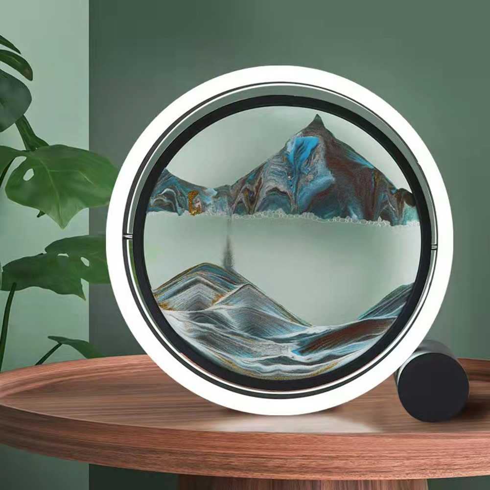 Dynamic Sand Art 3D Lamp - Round Glass Moving Sand Picture for Home & Office Decor, Wall Art for Adults & Kids, White Light Button | Perfect for Relaxation, Meditation & Night Light