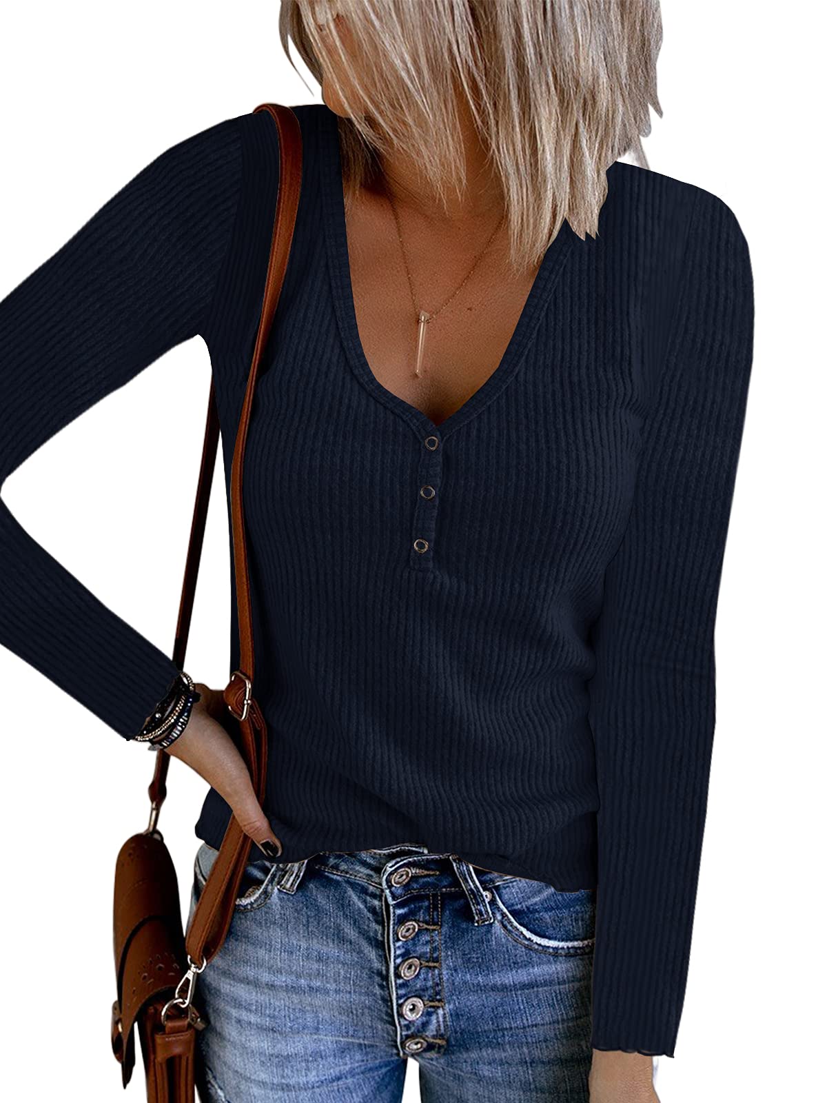 Saodimallsu Women's Long Sleeve Henley Shirt - V Neck Button Down Casual T-Shirt Blouse for Everyday Wear, Work & Weekend Outfits
