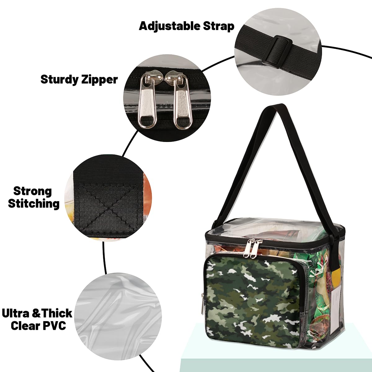 GzLeyigou Camouflage Print Clear Tote Bag with Handles - Fashion Camo Green Transparent Crossbody Shoulder Bag for Lunch, Outdoor, Travel, Picnic, Concerts & Sports Events (Stadium Approved) - Perfect for School, Beach, Shopping & Festival Use