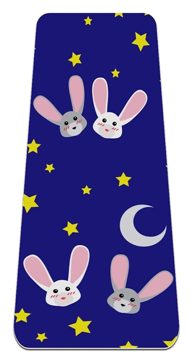 Premium Non-Slip Eco-Friendly Yoga Mat with Cute Rabbits & Yellow Stars Design - Thick Royal Blue Exercise Mat for Women, Ideal for Yoga, Pilates, Home Workouts & Meditation - Perfect Gift for Fitness Enthusiasts