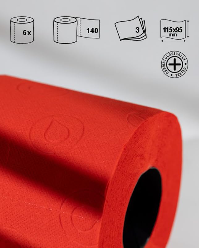 Premium Soft Toilet Tissue - 6 Rolls, Red Bathroom Tissue for Home & Office Use - Gentle & Strong, Septic Safe, Perfect for Everyday Comfort & Guest Bathrooms
