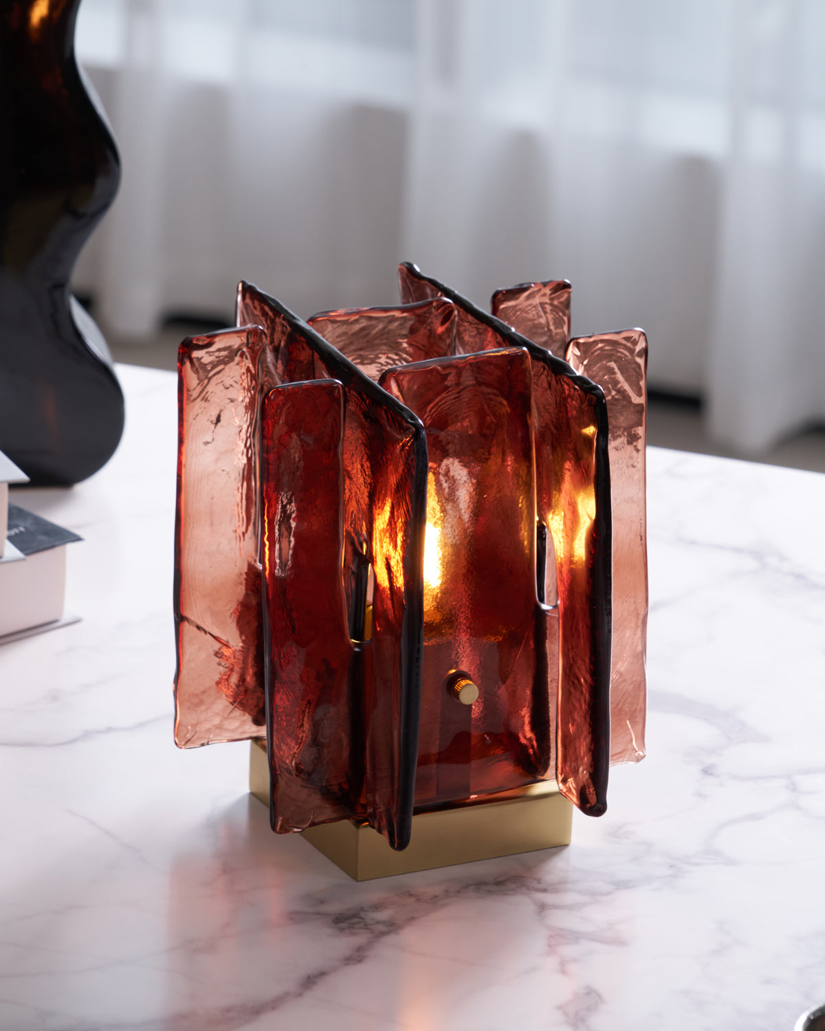 Amber LED Table Lamp with Wooden Base - Modern Nightstand Light for Bedroom, Living Room, Office | Warm Glow & Dimmable for Cozy Ambience