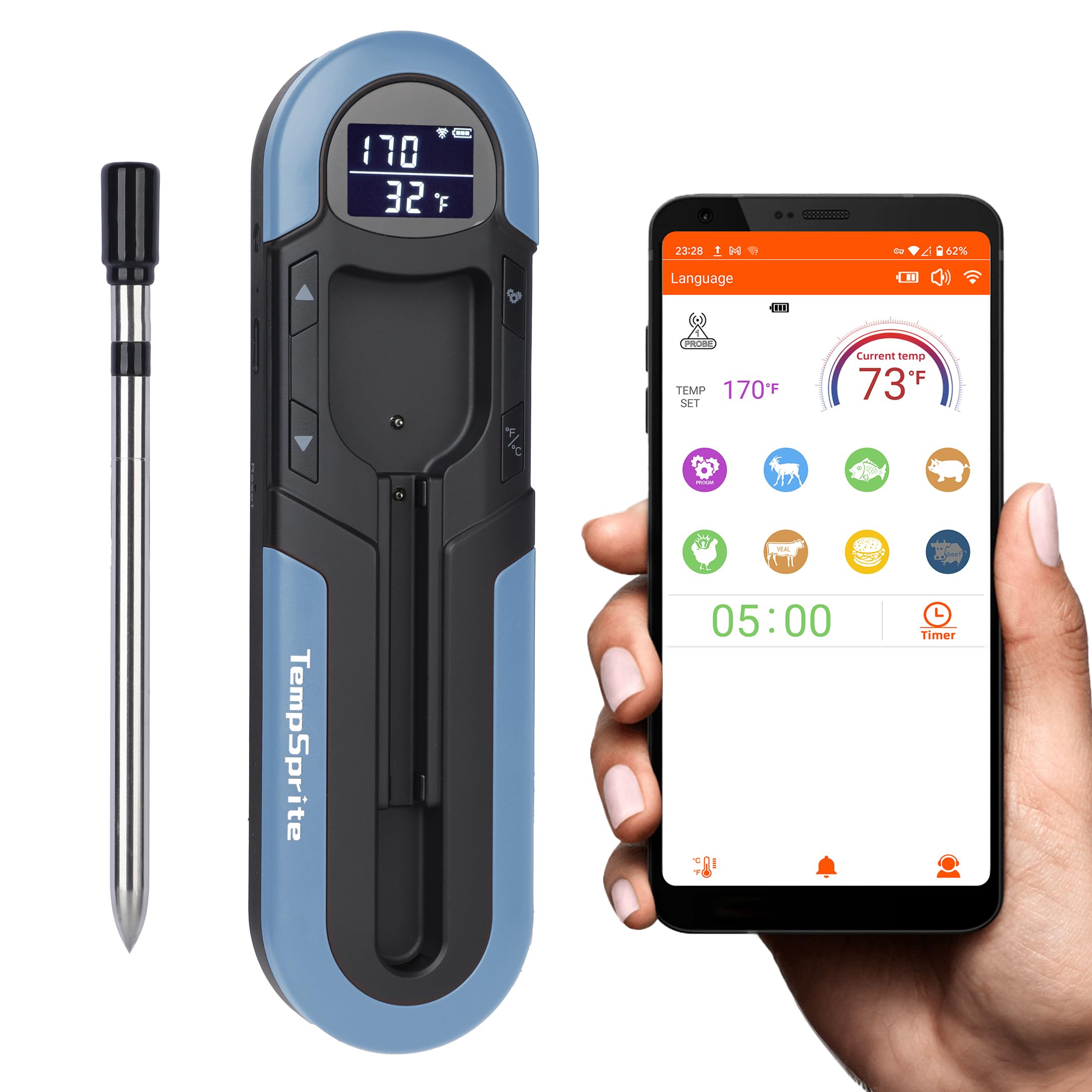 660FT Wireless Meat Thermometer for Oven - Rechargeable Bluetooth Digital Cooking Thermometer with Smart App | Perfect for Grilling, Smoking, BBQ, Rotisserie & Kitchen Use | Ideal Gift for Home Chefs (Blue)
