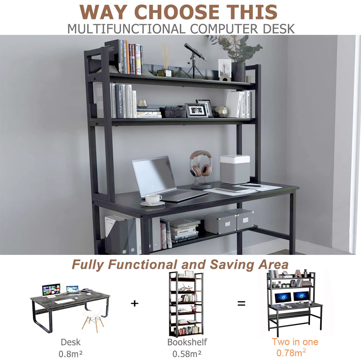 Black Computer Desk with Hutch & Bookshelves - 47