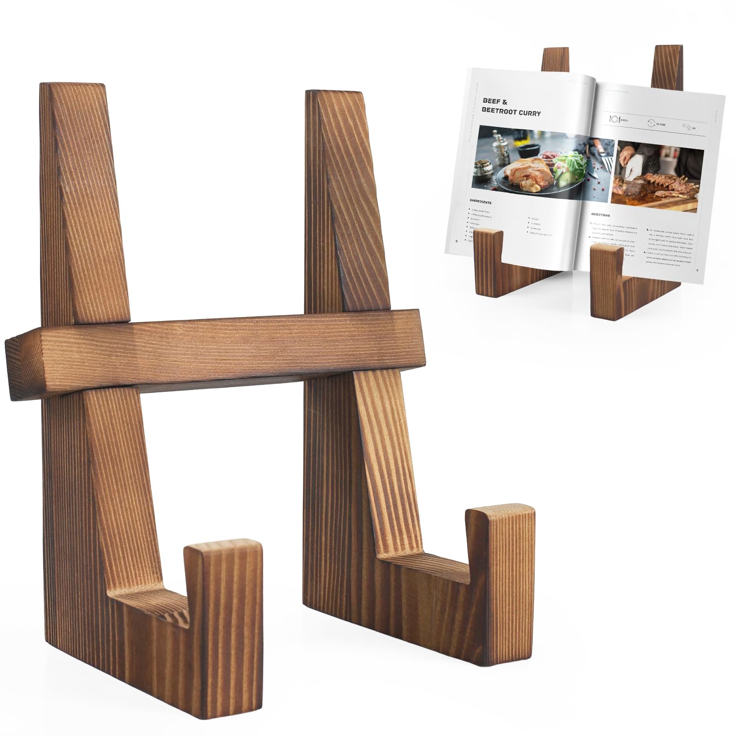 Wooden Cookbook Stand for Kitchen - Rustic Counter Holder (8.8inch) for Easy Cooking