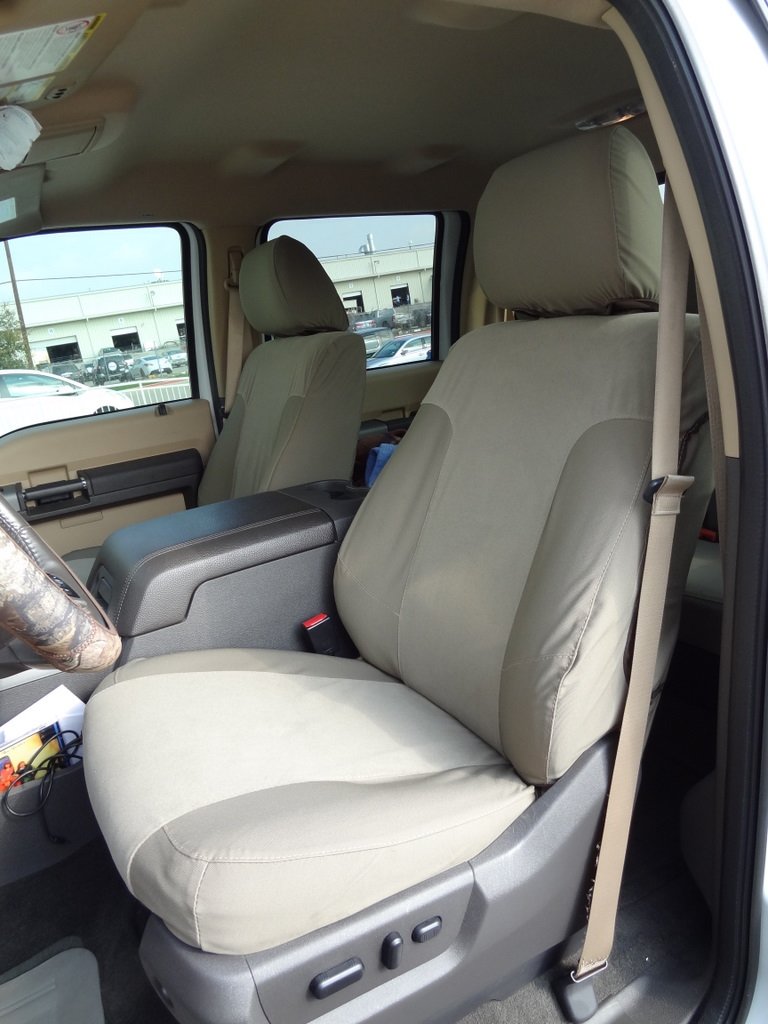 Premium Durafit Seat Covers for 2011-2015 Ford F250-F550 | Custom Fit Lariat & King Ranch Models | Front Bucket & 60/40 Rear Bench | Tan/Taupe Twill-Velour Fabric | Integrated Seat Belts | Perfect for Truck Enthusiasts & Off-Road Adventures
