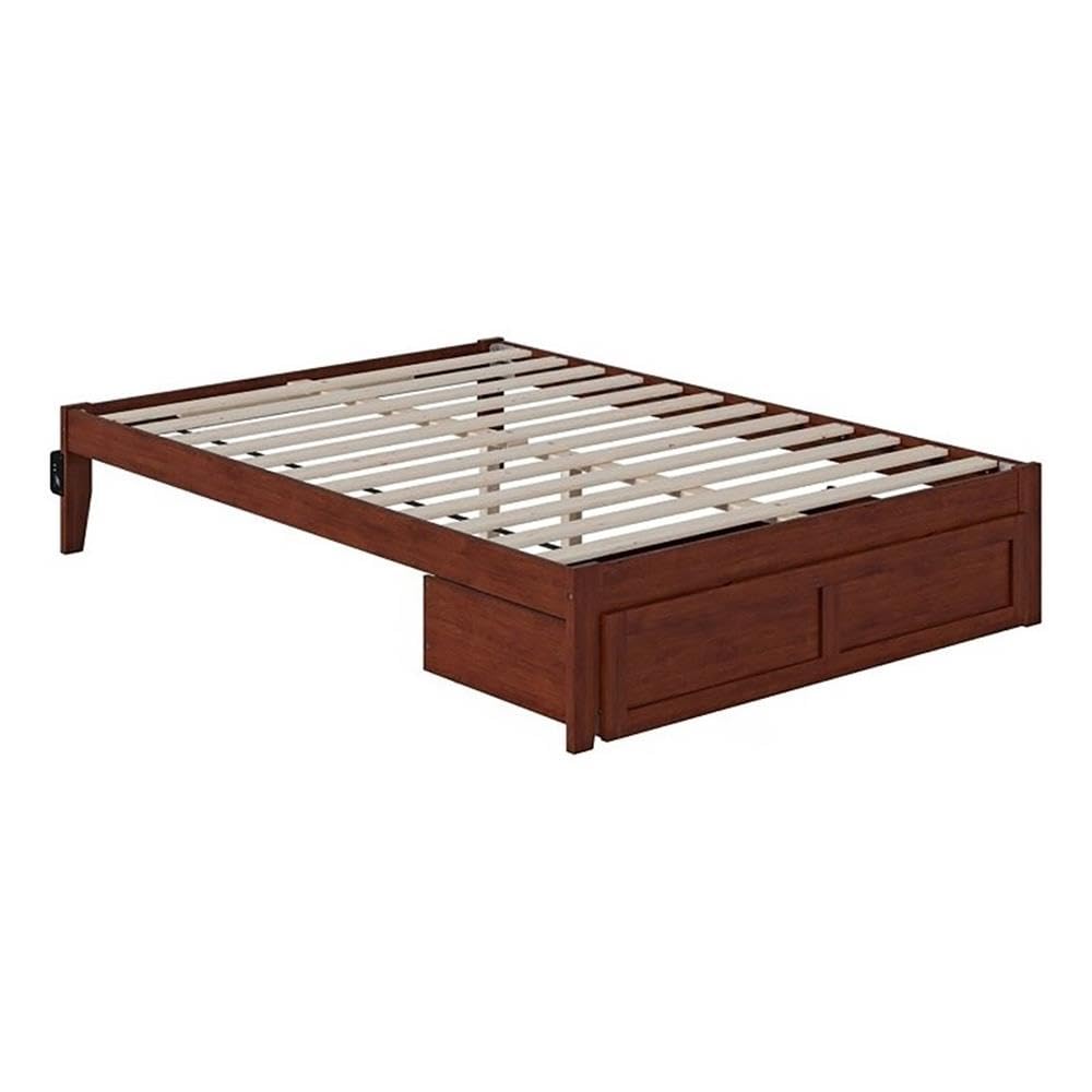Modern Walnut Wood Full Bed with Foot Drawer & USB Charger - Pemberly Row Solid Wood Bed Frame for Master Bedroom, Guest Room & Small Spaces