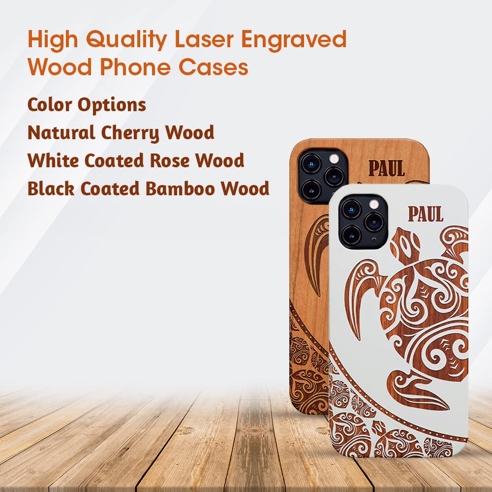 Personalized Engraved Wood Phone Case with Free Tempered Glass Screen Protector for iPhone 16/15/14/13/12/11 & Samsung Galaxy S20/S21/S22/S23/S24 - Hawaiian Turtle Design | Custom Name/Photo/Pattern Options | Perfect Gift for Holidays, Birthday & Anniversary Protection