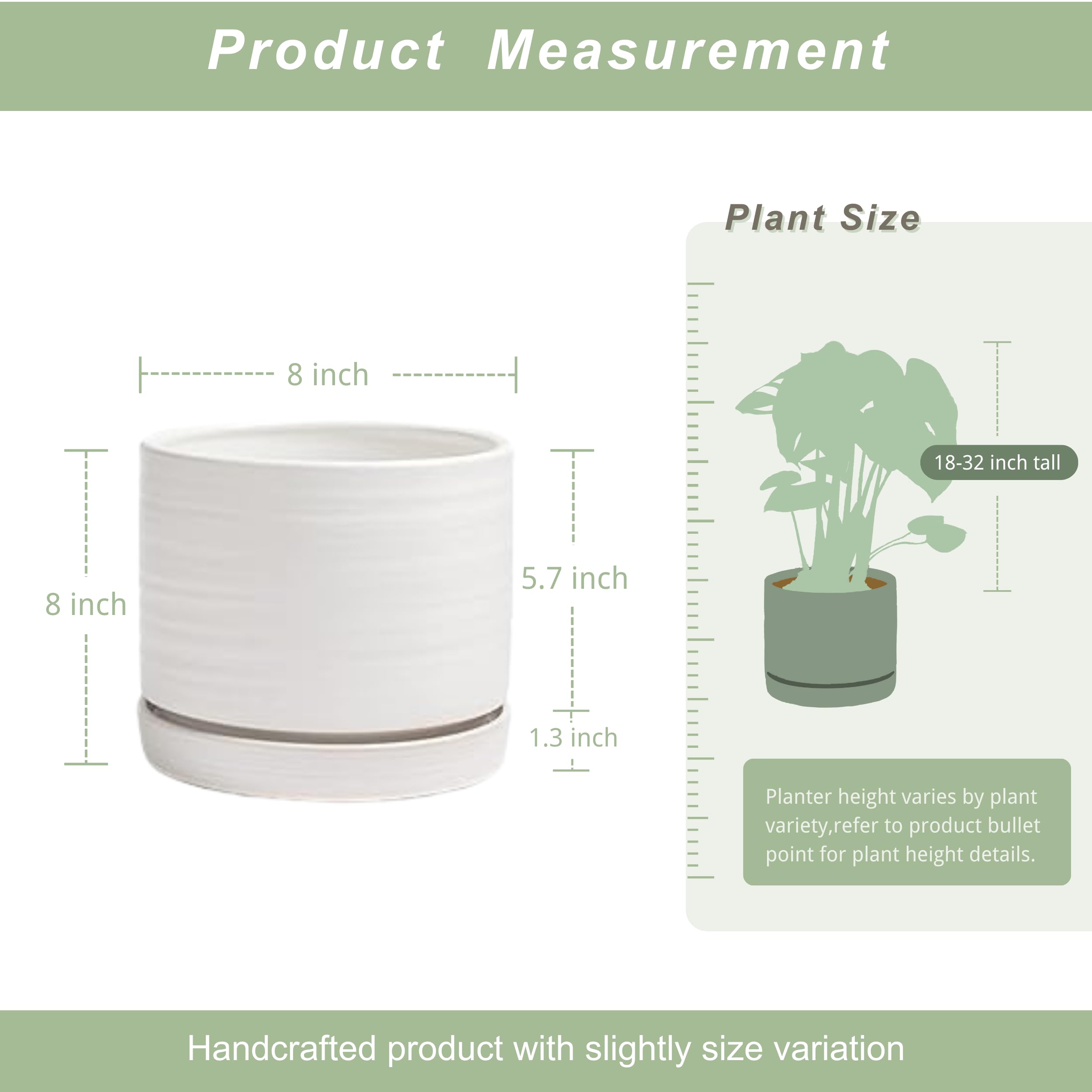 8 Inch Ceramic Plant Pots with Drainage Hole & Saucer - Indoor/Outdoor Cylinder Planter for Succulents, Herbs, Flowers - Modern Matte White Round Flower Pot for Home, Office, Garden Decor