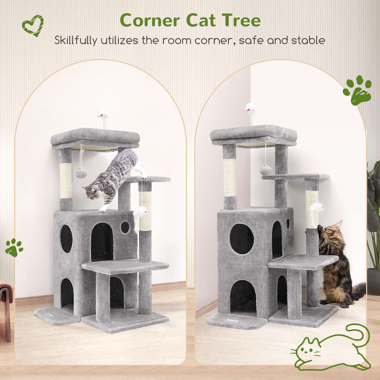 50-inch FC50 Cat Tree Tower for Large Indoor Cats - Multi-Level Cat House with Scratching Posts, 2 Cozy Cat Caves, Dangling Toys & Steps - Light Grey - Perfect for Play, Rest & Climbing in Home or Apartment