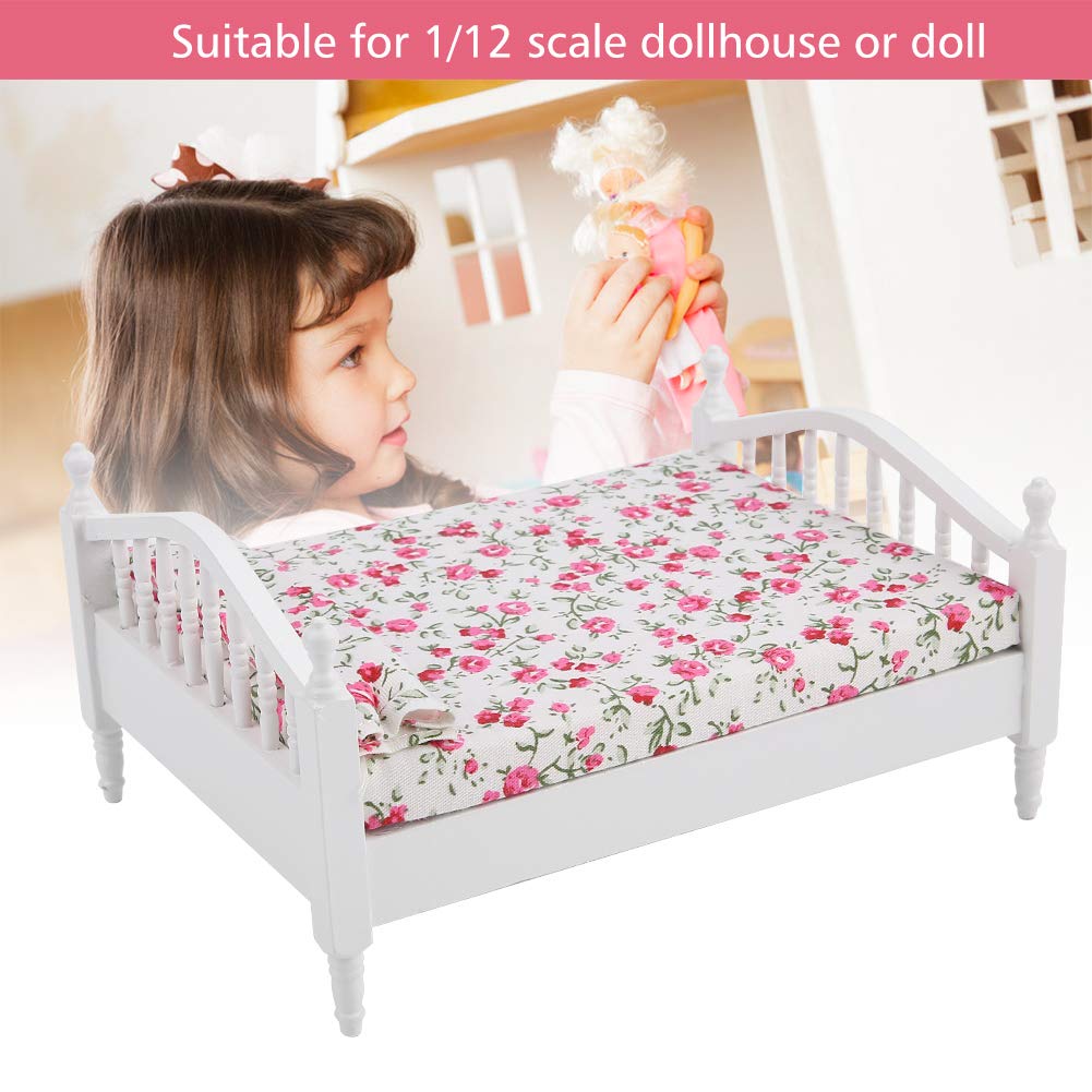 Keenso 1:12 Scale Dollhouse Miniature Bed - Wooden Double Bed for Dollhouse Furniture Accessories, Perfect for Barbie Dolls, American Girl Dolls & DIY Miniature Room Decor