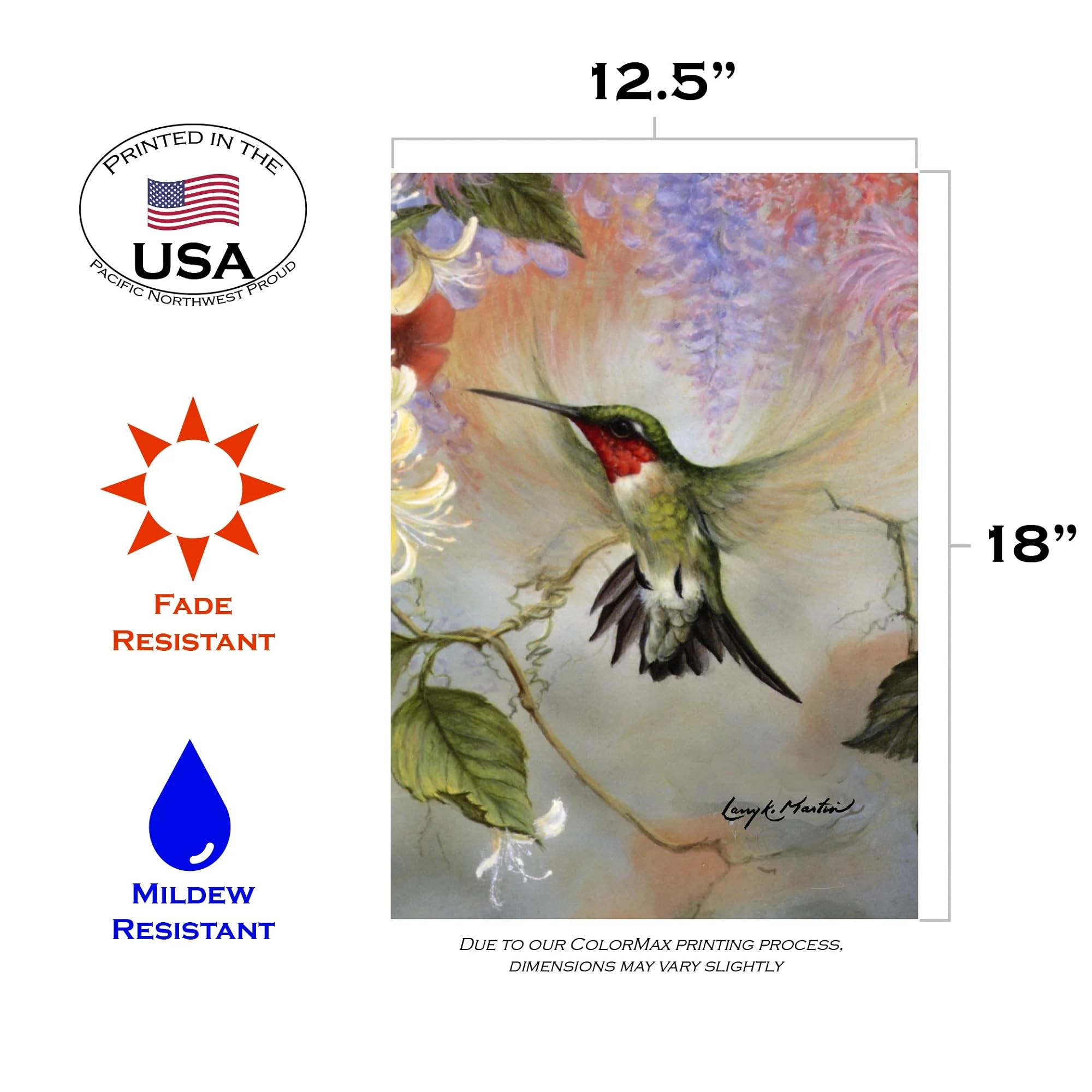 Toland Home Garden 12x18 Inch Double Sided Ruby Throated Hummingbird Flag - Vibrant Outdoor Yard Decoration for House, Garden & Patio - Perfect for Spring Decor, Bird Lovers & Nature-Themed Landscaping