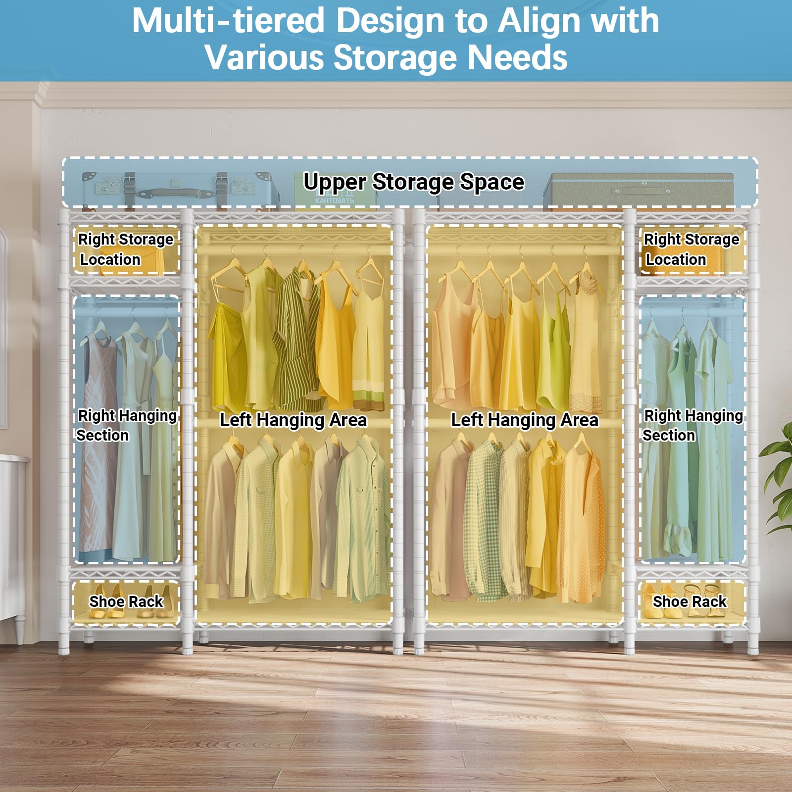 VIPEK V2S Heavy Duty 4-Tier Metal Clothes Rack with 3 Hanging Rods - 800LBS Capacity Freestanding Garment Storage Organizer for Closet, Laundry Room, or Commercial Use - White
