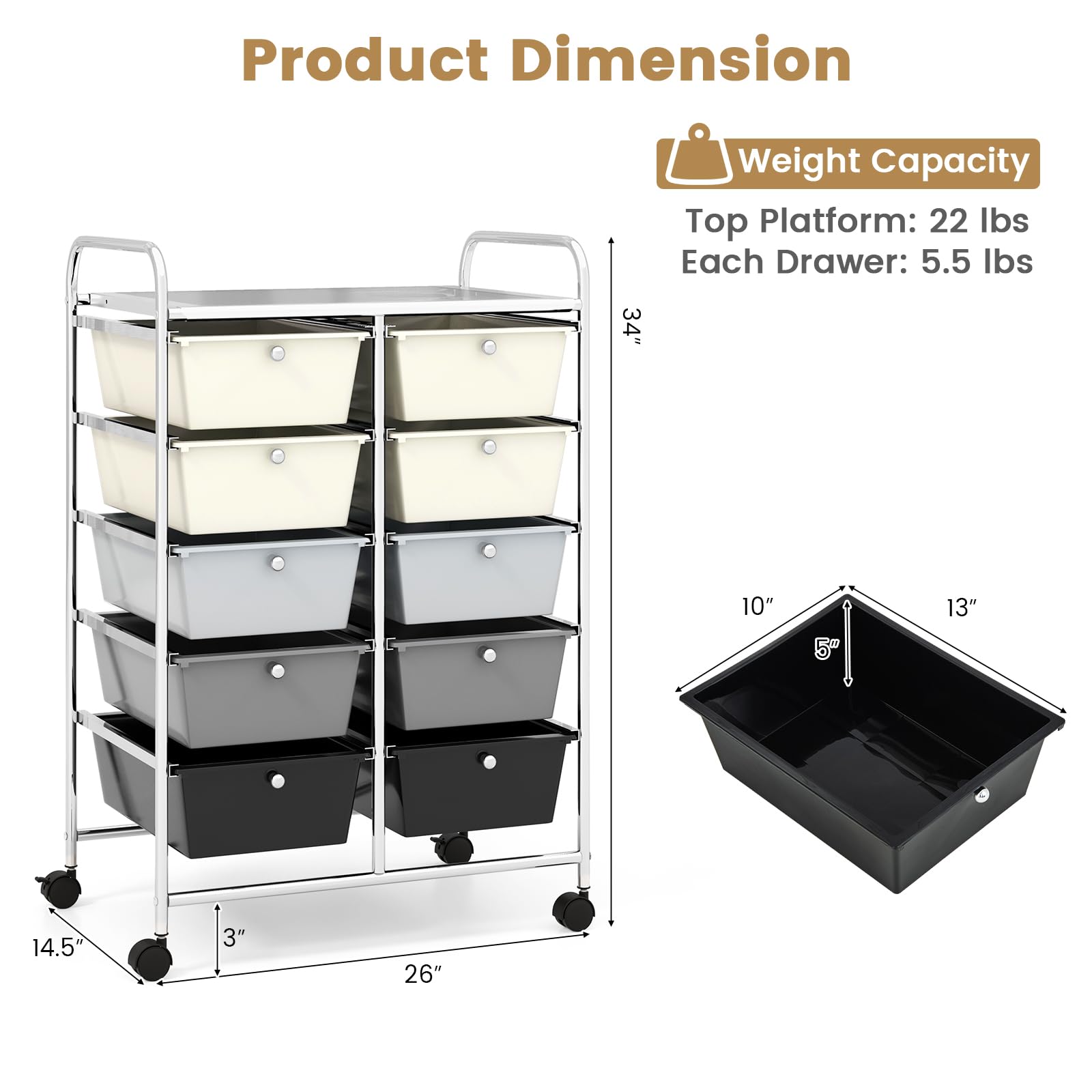 HAPPYGRILL 10-Drawer Rolling Storage Cart with Lockable Wheels - Mobile Organizer Utility Cart for Beauty Salon, School, Office & Home (Grey Gradient) - Perfect for Salon Supplies, Classroom Organization & Home Storage Solutions