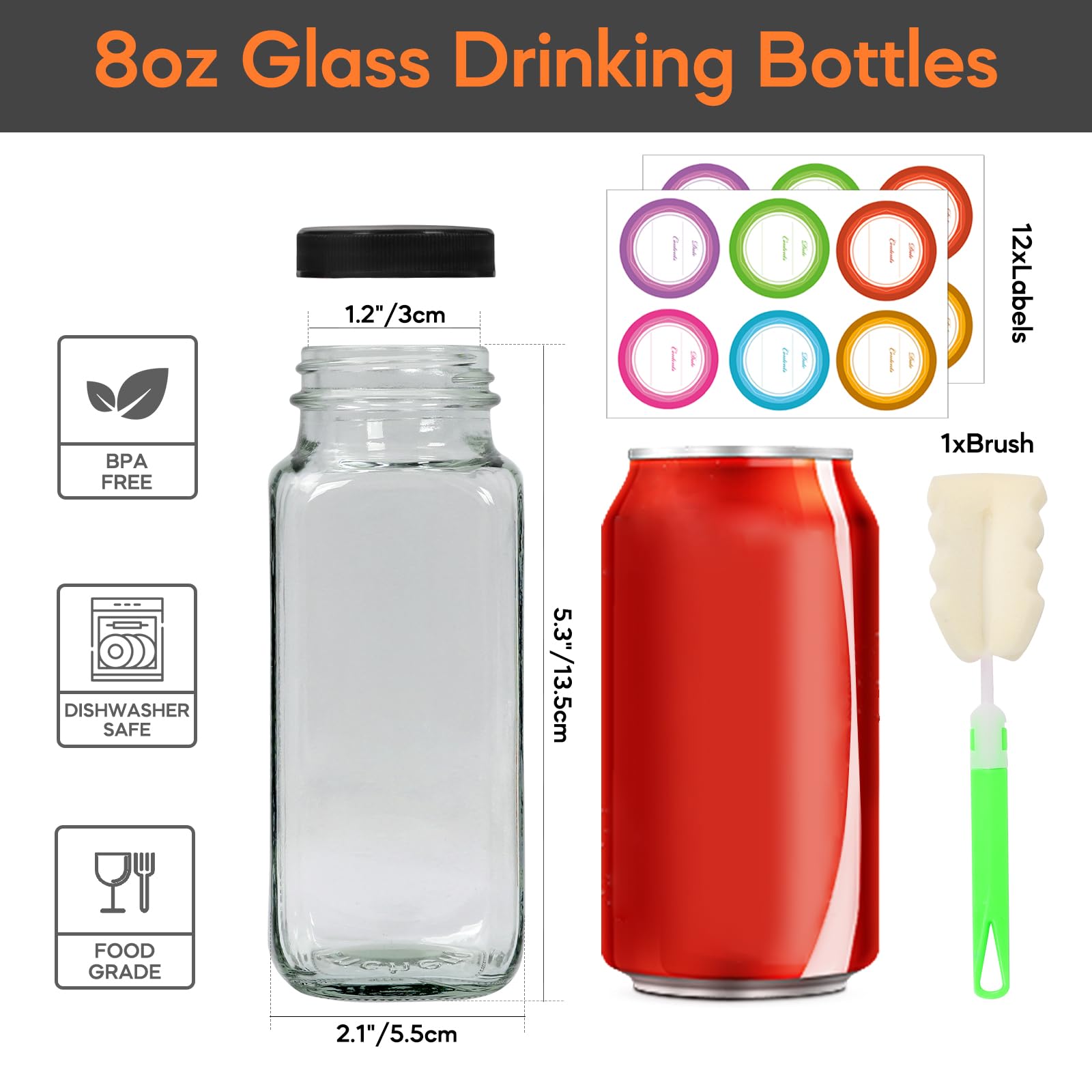 STARSIDE 8 oz Glass Drinking Bottles with Lids - 12 Pack Square Vintage Water Jars - Reusable Juice Bottles for Milk, Kombucha, Ginger, Smoothies - Perfect for Home, Office, Picnics & Meal Prep