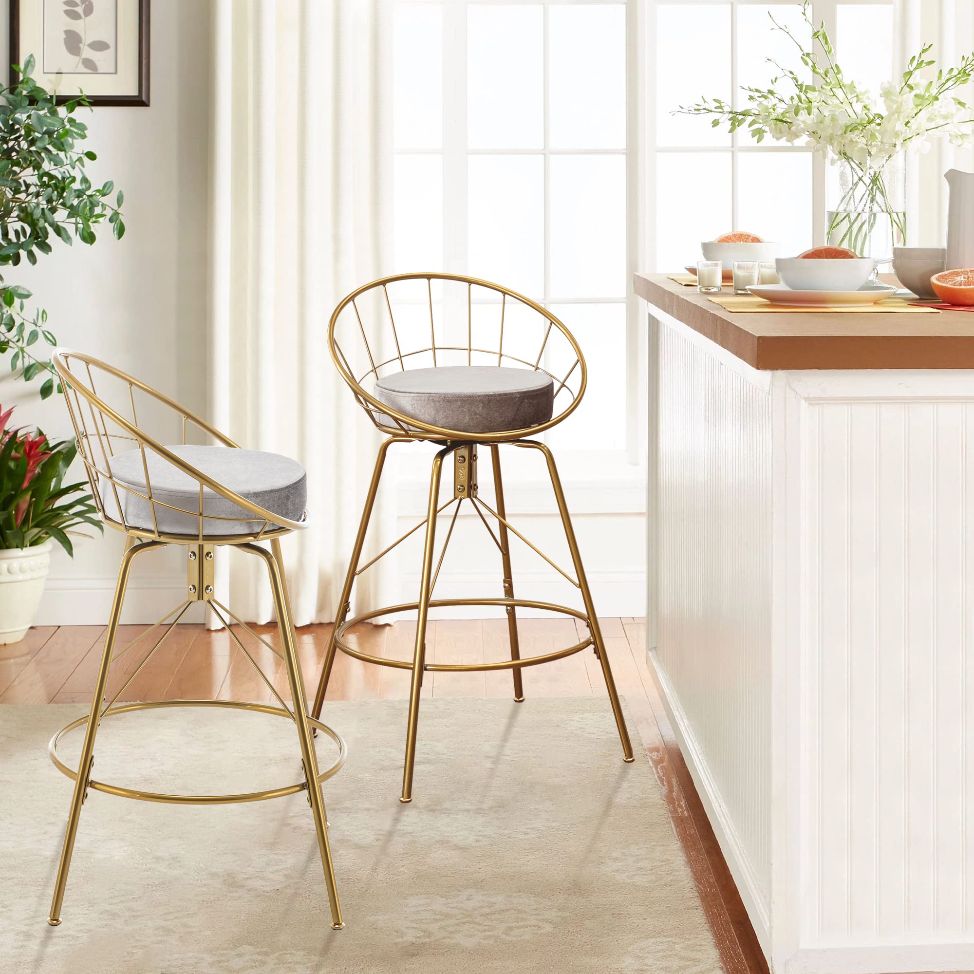 ALISH 24 Inch Swivel Counter Height Bar Stools with Back - Set of 2 Kitchen Bar Chairs (Gold Frame with Gray Cushion) for Dining Room, Kitchen Island & Home Bar Decor
