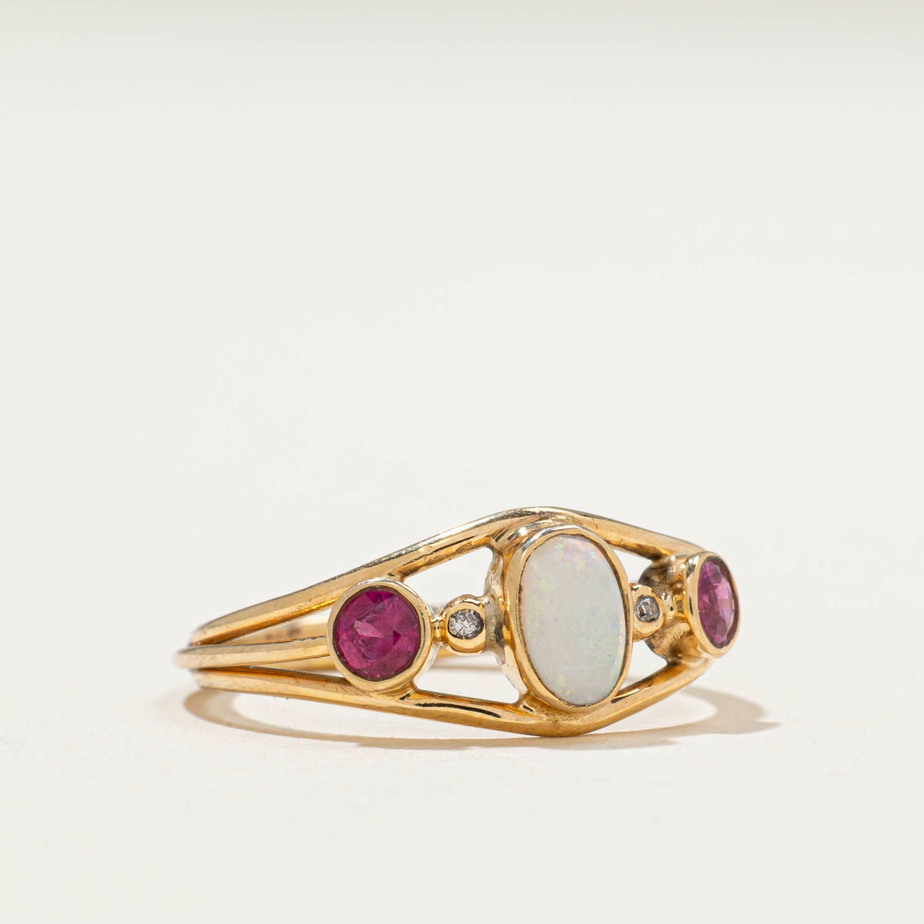 Bezel Set Opal & Synthetic Ruby Open Ring - 0.75ctw Gemstone Jewelry - Size 6.75 Women's Fashion Ring for Wedding, Party & Everyday Wear