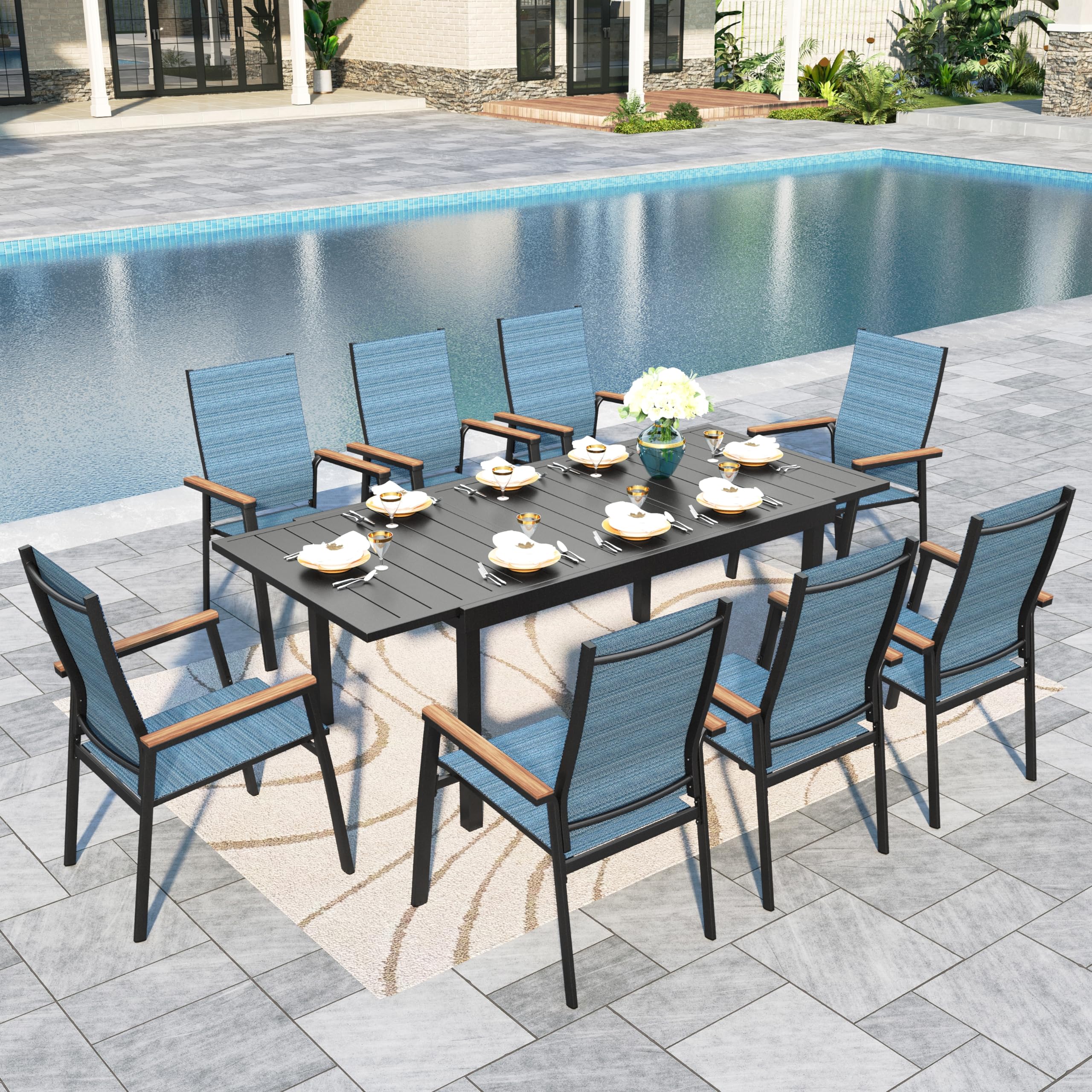 Sophia & William 9-Piece Outdoor Patio Dining Set - 8 Aluminum Chairs & 1 Extendable Table (Seats 6-8) - Weather-Resistant Blue Lawn Furniture for Garden, Backyard, Poolside & BBQ Parties