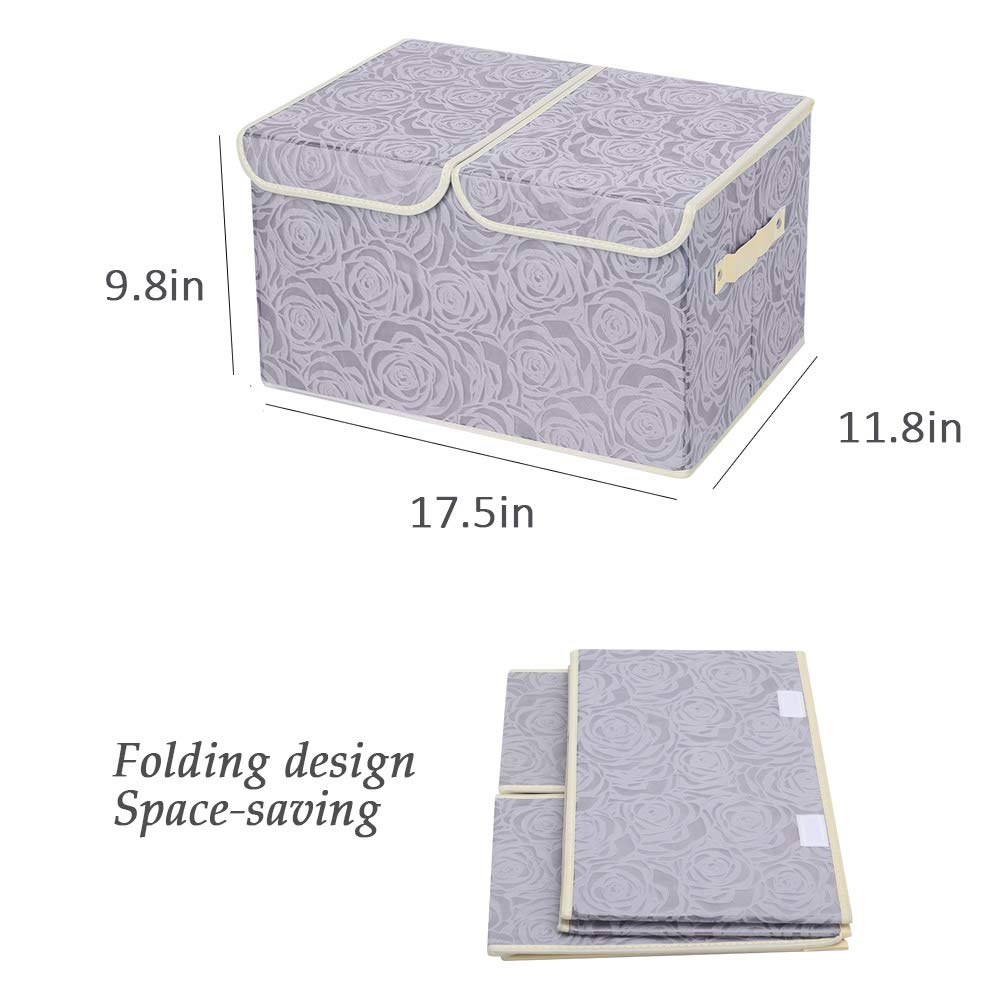 UUJOLY Large Storage Bins - Foldable Linen Fabric Basket Organizer with Lid & Handles for Home Office Closet Bedroom Nursery - Rose Grey Storage Box for Toys, Blankets & Clothes Organization